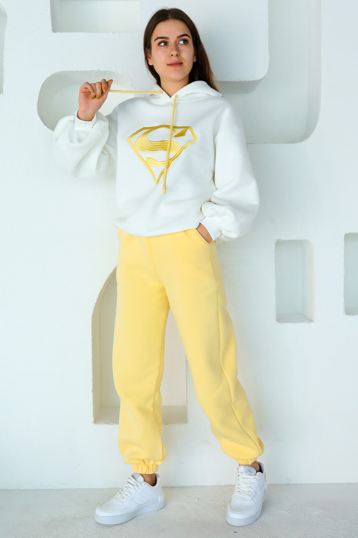 Cappmoda Tkm-03224 Sarı Beyaz S Logo Nakışlı Kapüşonlu Jogger Ikili Takım