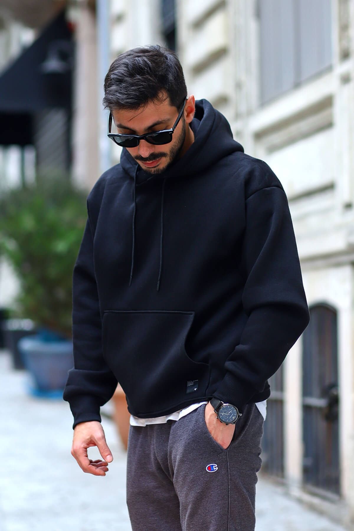Valiberta Siyah Erkek Oversize Kapüşonlu Kanguru Cepli Sweatshirt - Hoodie