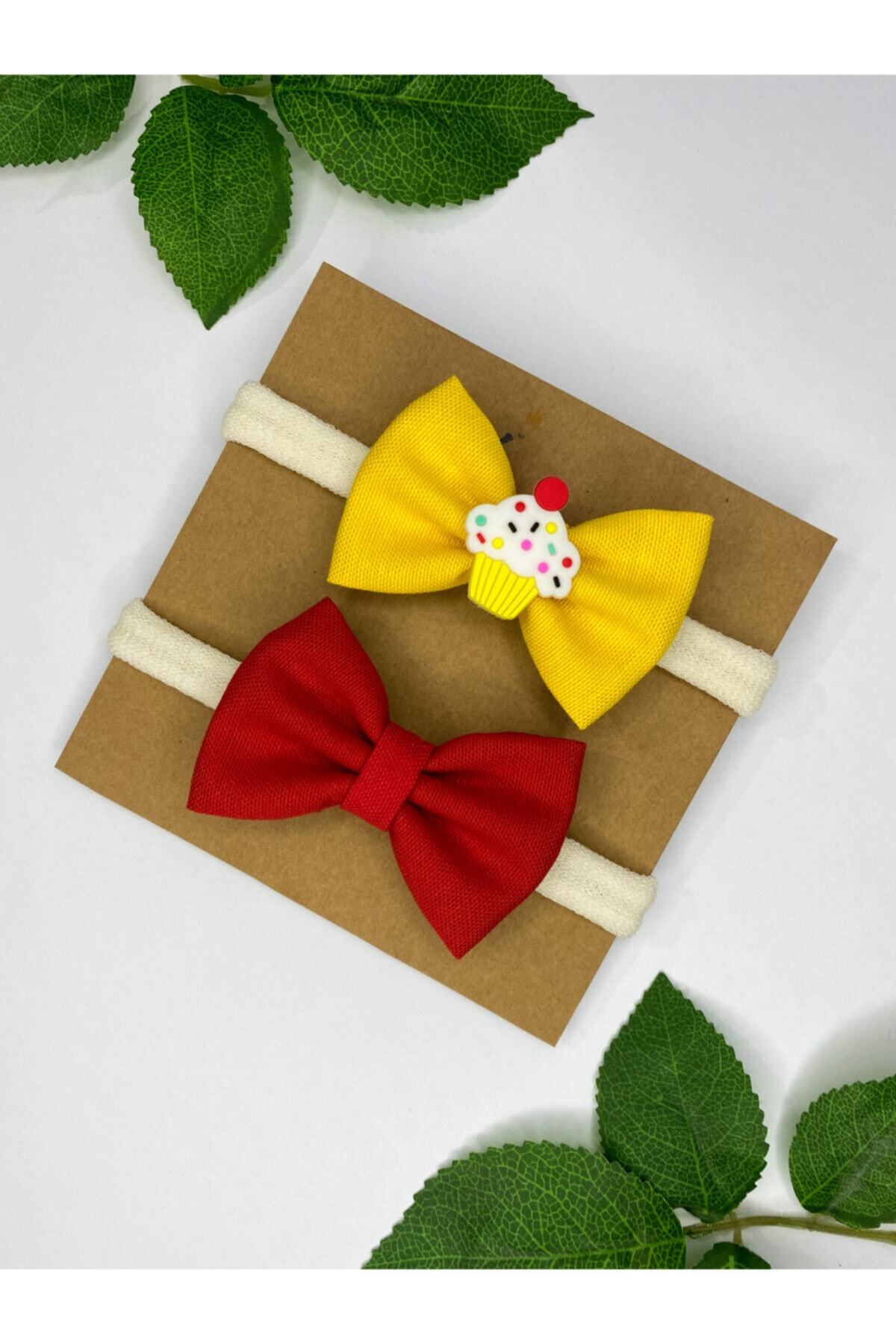 Baby Minnak Kız Bebek Çocuk 2’li Cupcake Detaylı Sarı Kırmızı Fiyonk Toka Bandana Seti