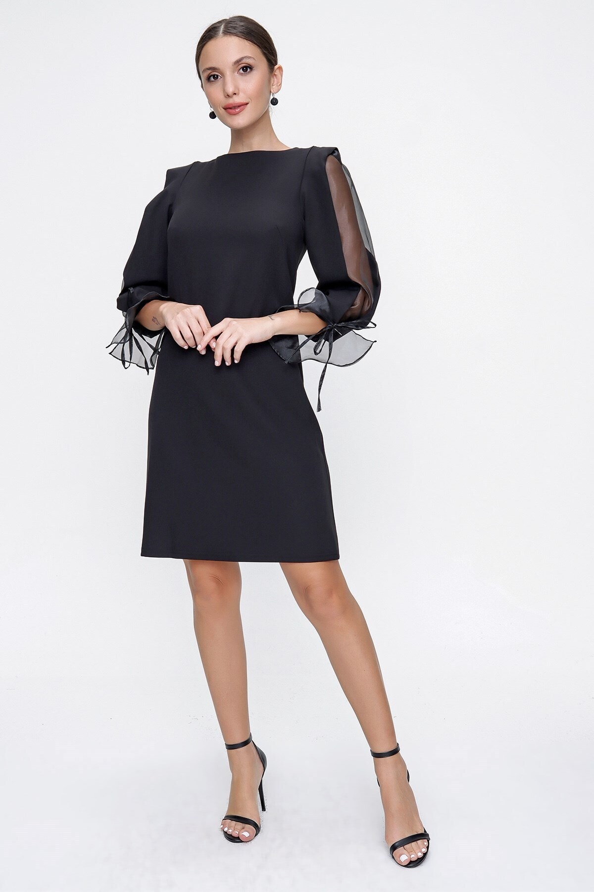 By Saygı Kol Yarı Organze Astarlı Likra Elbise Siyah