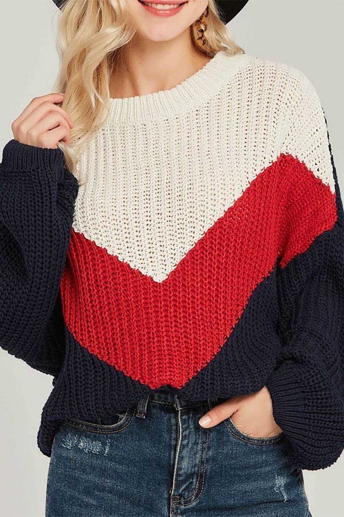 Madmext Kadın Lacivert Oversize Bloklu Kazak Mg739