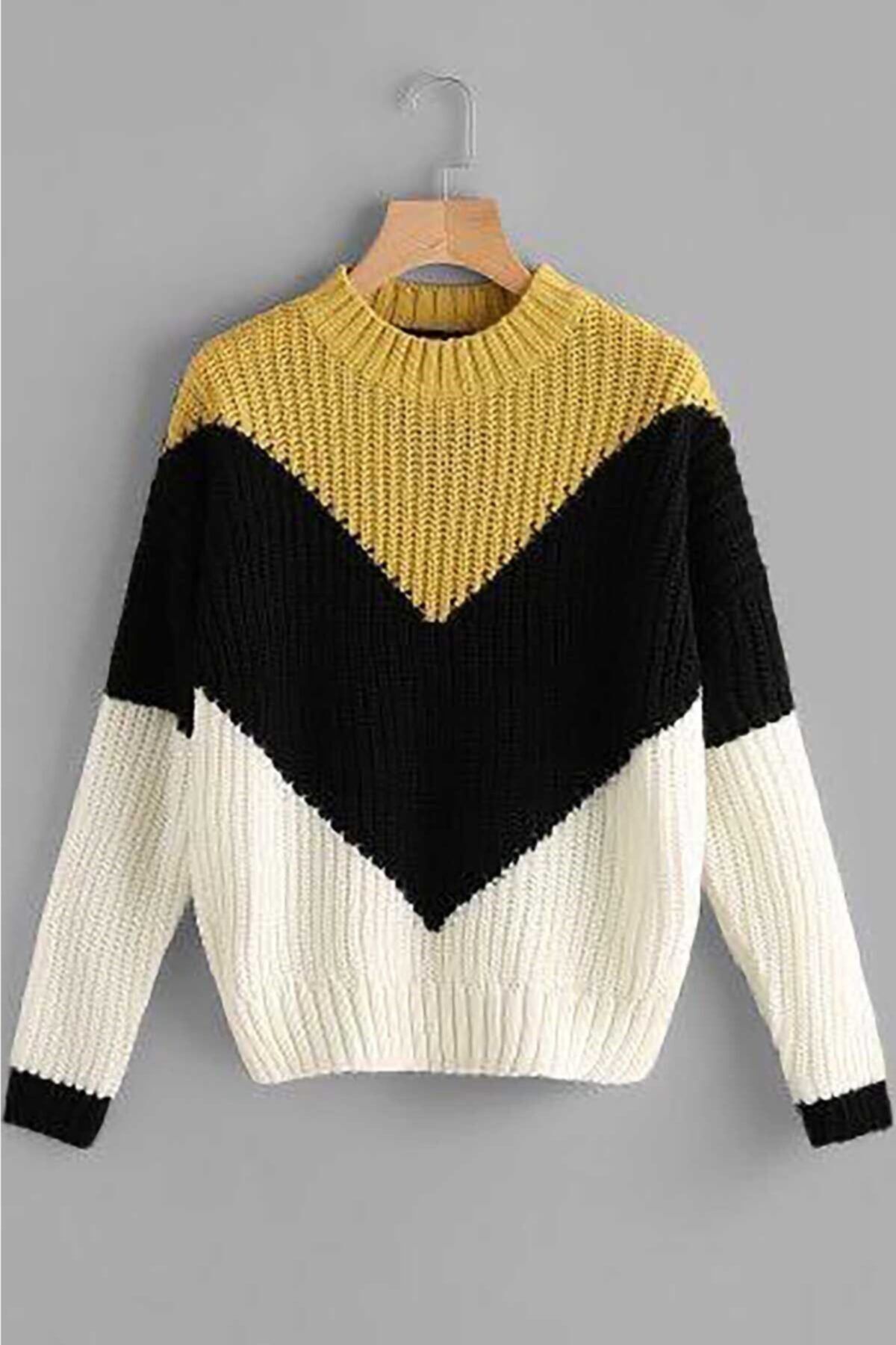 Madmext Kadın Sarı Oversize Bloklu Kazak Mg739
