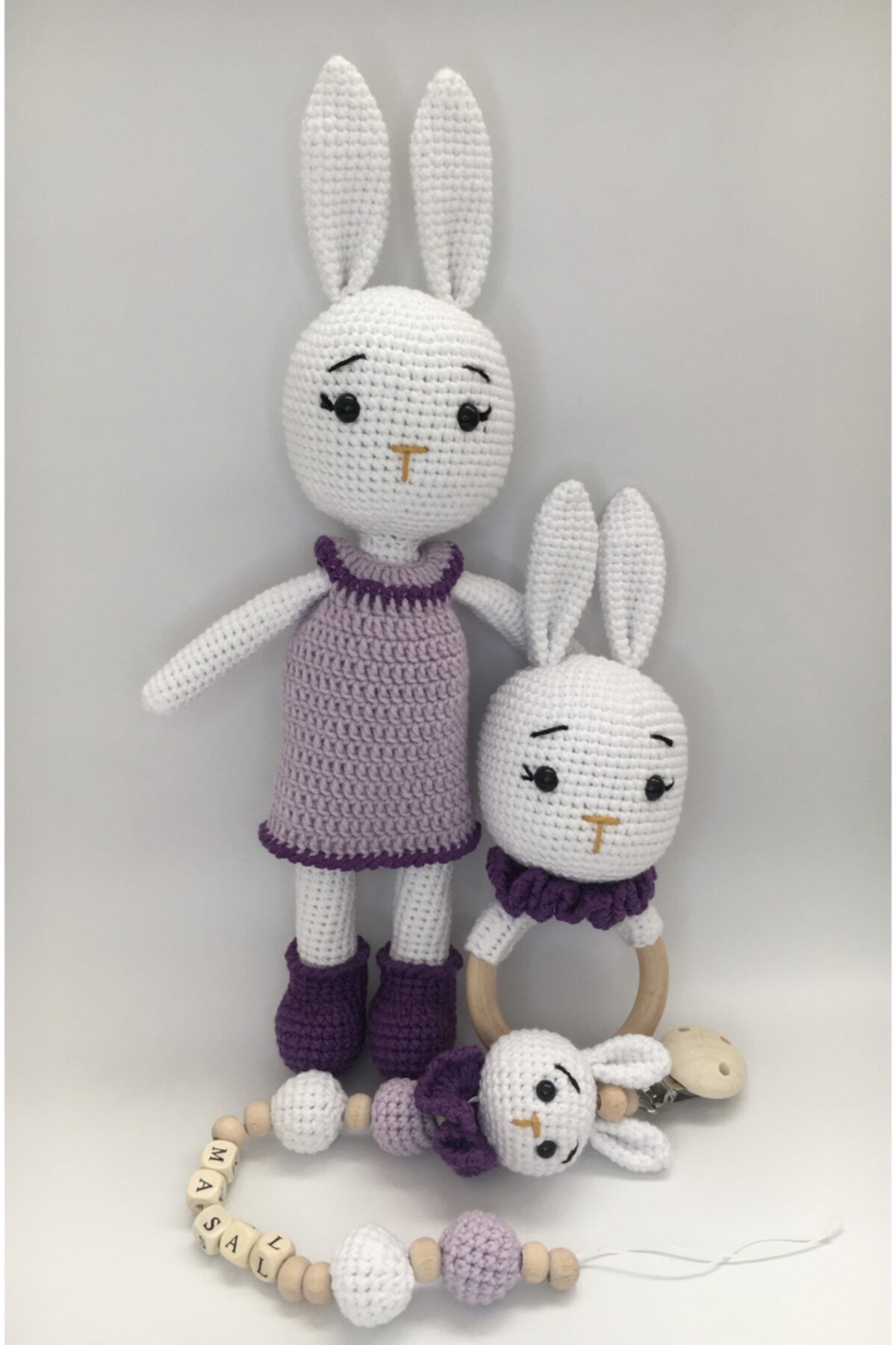 USTAHOBİEVİ Amigurumi Uyku Arkadaşı Emzik Zinciri Ve Çıngırak Set