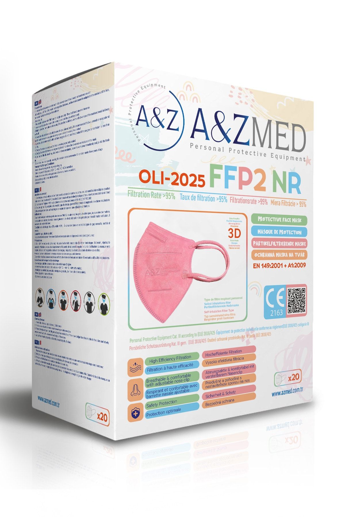 A&Z Med Ffp2 Çocuk Maskesi Telli Ve Tek Tek Paketli 20 Adetlik 1 Kutu - Pembe