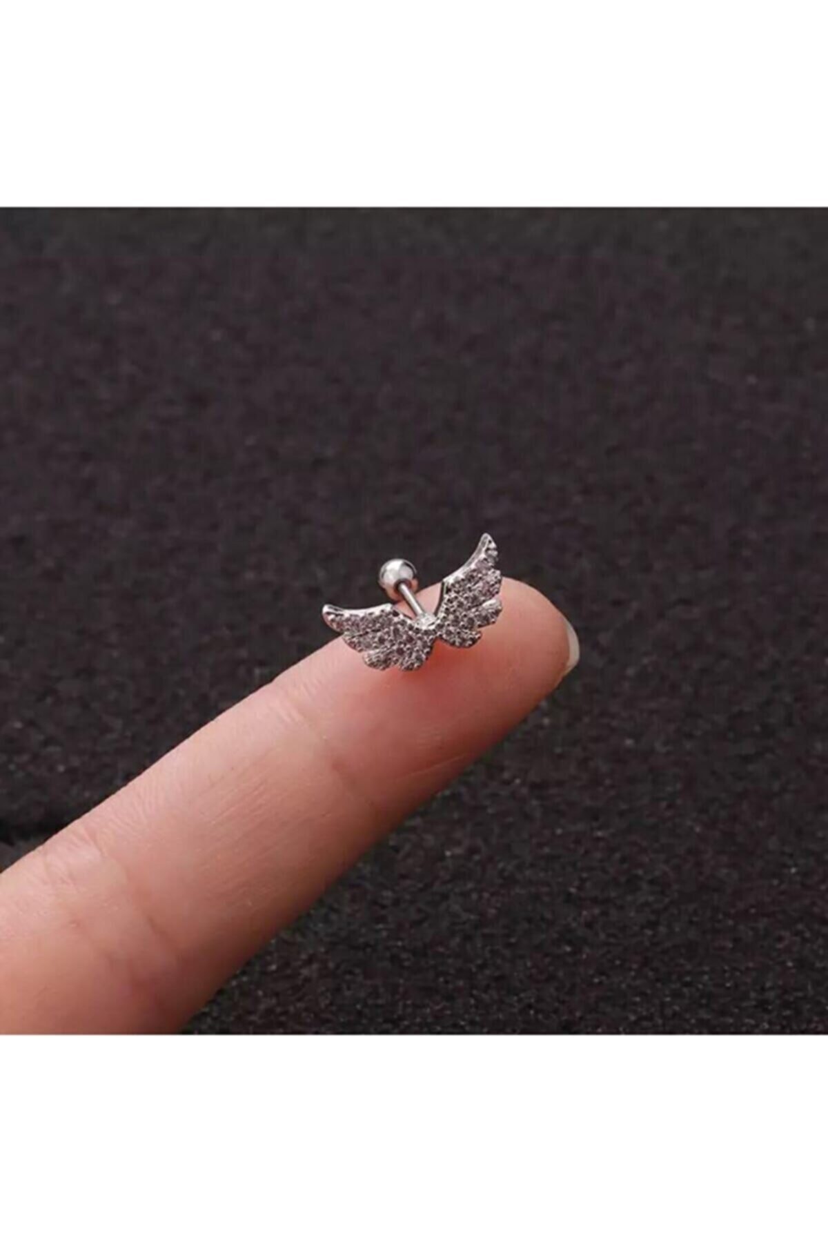 Jaida Moda Kadın Gri Cerrahi Çelik Melek Kanadı Figürlü Helix Piercing 8mm