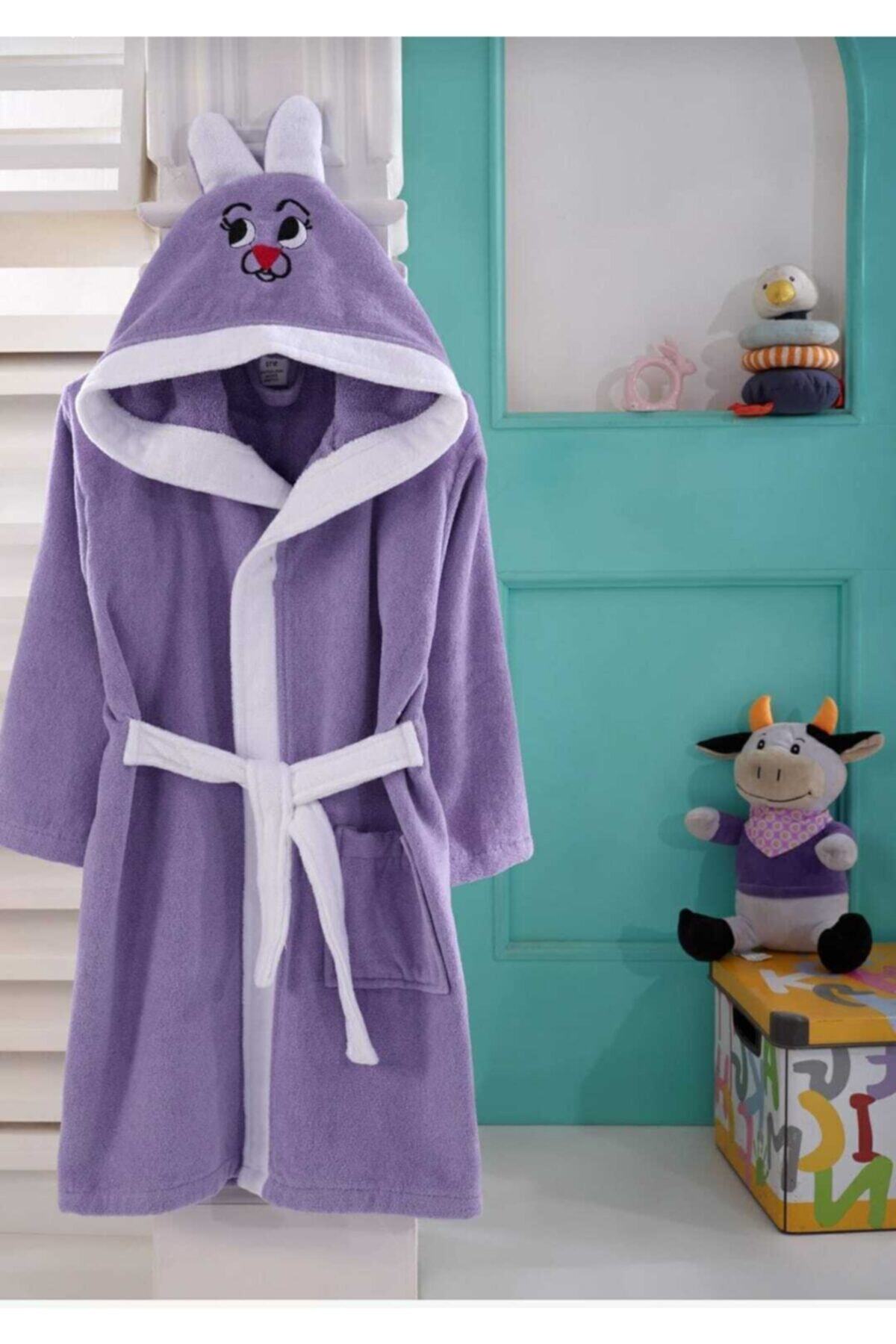 Mercy Tekstil Unisex Çocuk Mor Kadife Kapüşonlu Pamuk Bornoz