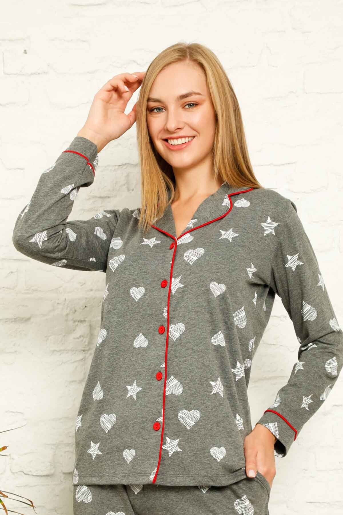 ALİMER Kadın Gri Kalp Desenli Önden Düğmeli Gömlek Yaka Uzun Kollu Pijama Takımı 2605uy