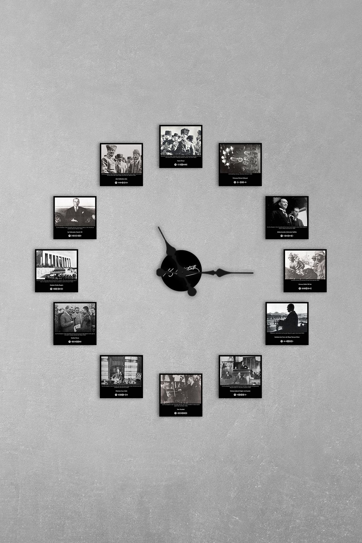 House Gorgeous 12 Adet Atatürk Resmi Ve En Sevdiği Şarkılardan Oluşan Spotify Barkodlu Büyük Tasarım Duvar Saati
