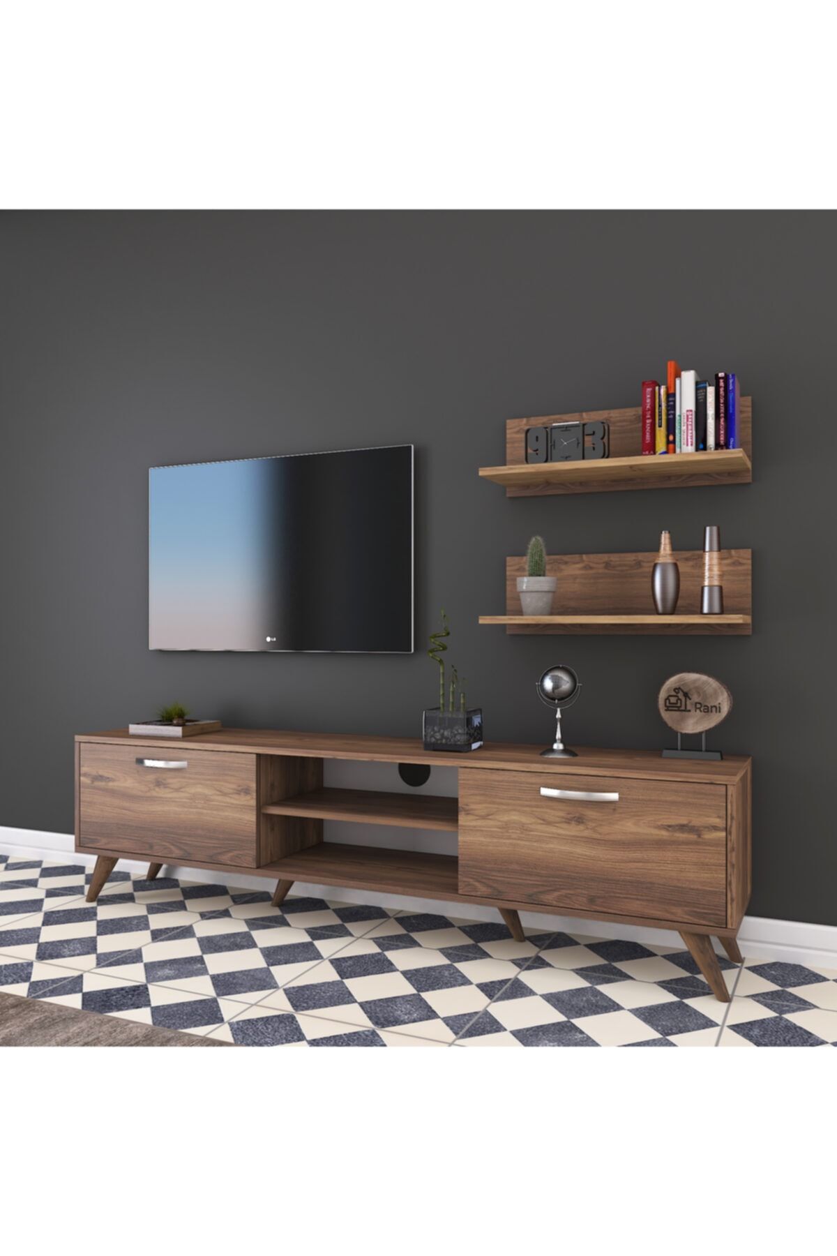 Rani Mobilya Rani A9 Duvar Raflı Kitaplıklı Tv Ünitesi Modern Ayaklı Tv Sehpası Ceviz M48