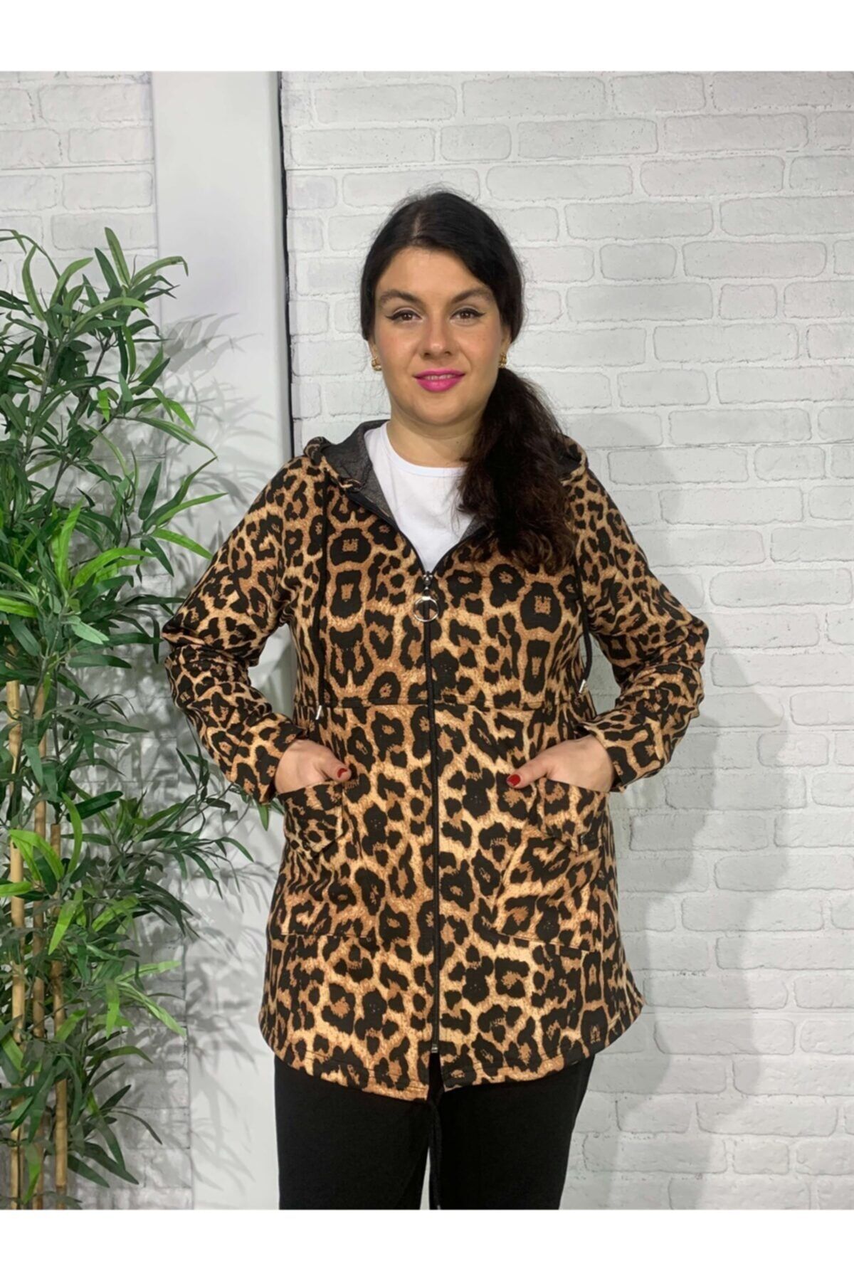 Roxxlen Kadın Leopar Desenli Büyük Beden Tunik Ceket - 4704