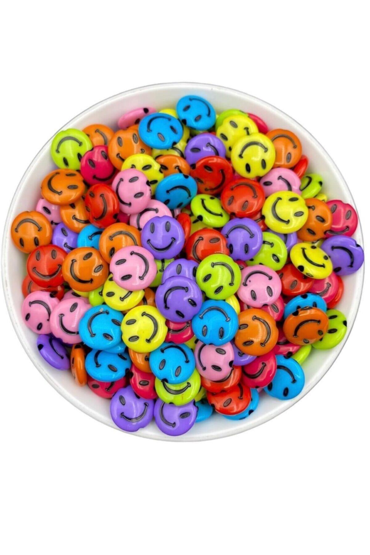 Hedef Bijuteri 14mm Renkli Zemin Üzeri Siyah Yassı Smile,gülen Surat, Gülen Yüz Boncuk (25 Gr,  45 Adet)