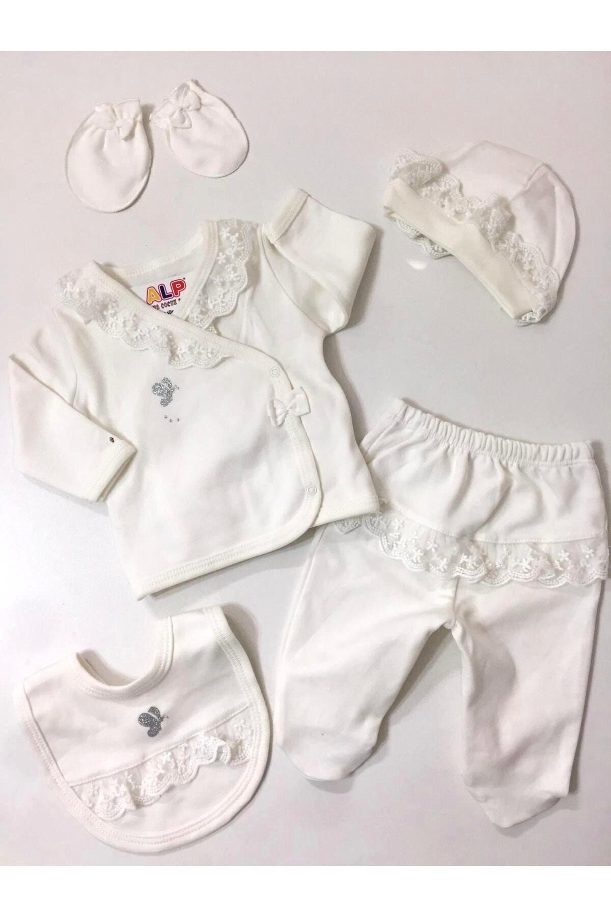 İMAJ BABY Kız Bebek Beyaz Kelebek Güpürlü 5 Parça Hastane Çıkış Seti Takım 1005068