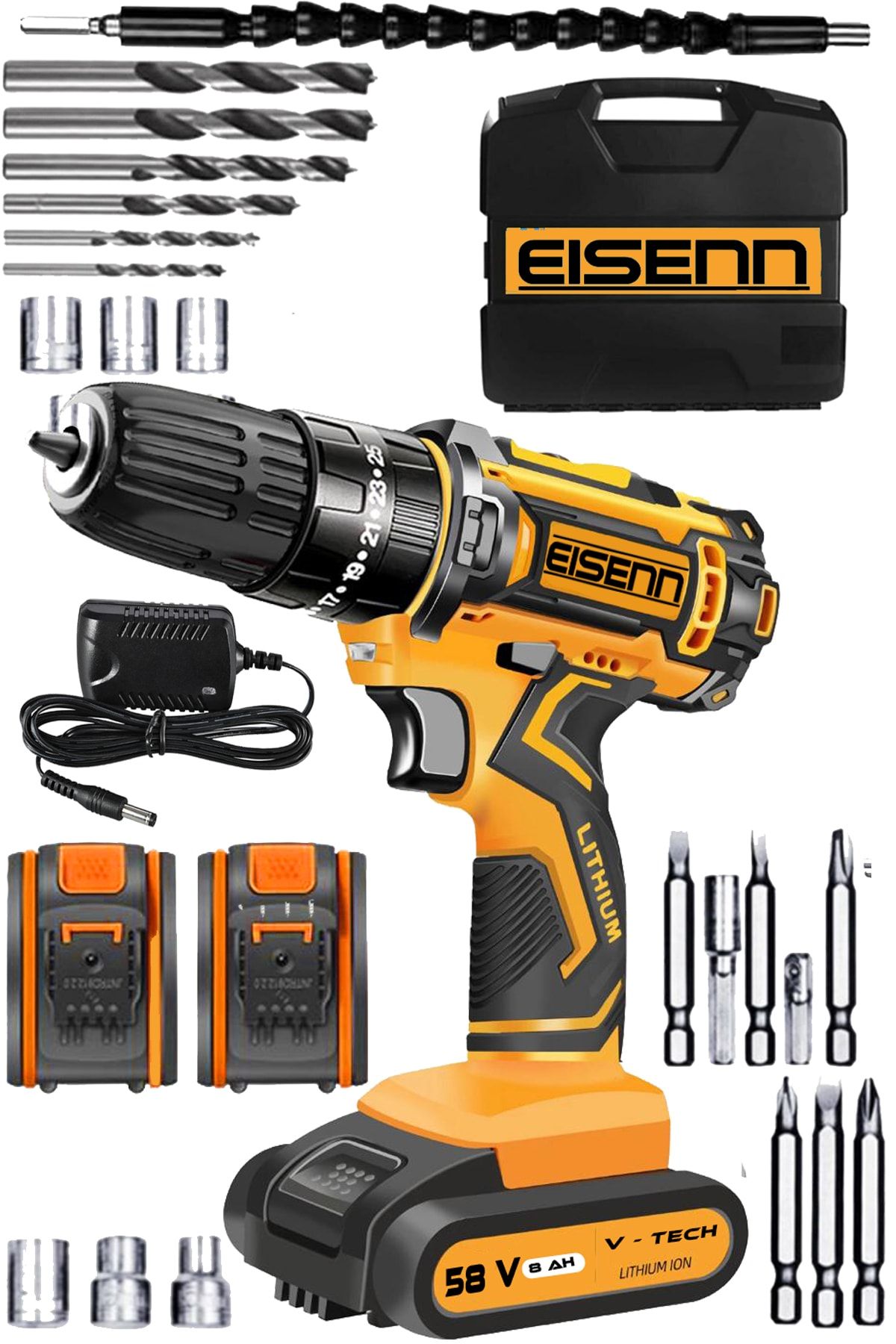 Eisenn Germany Technology V-tech Darbeli 58 V Çelik Motor Çift Akülü Vidalama Matkap + Yardımcı Set