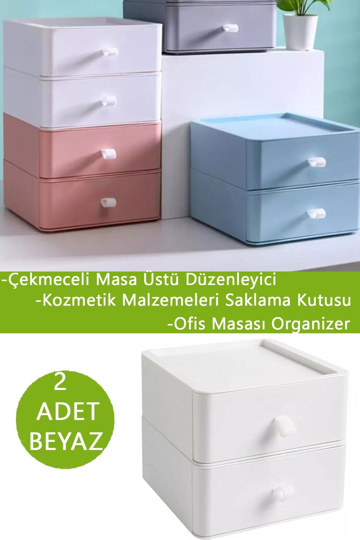 NRGS 2 Adet - Çekmeceli Ofis Aksesuarı Saklama Kutusu Makyaj Organizer Beyaz
