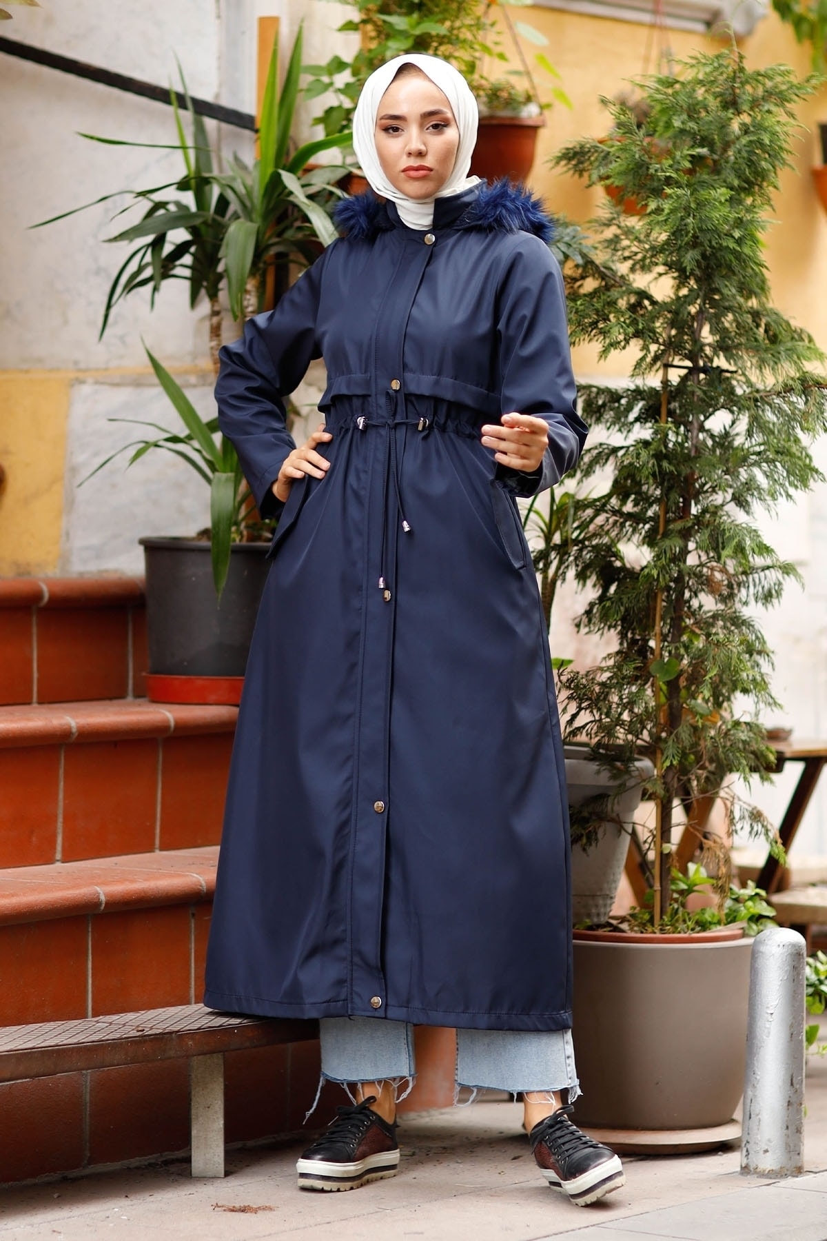 InStyle Tam Boy Kürklü 9020 Uzun Kaban - Lacivert