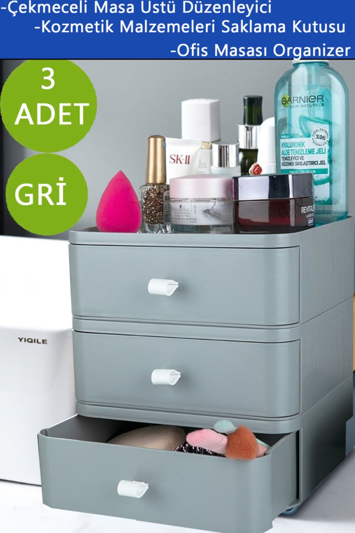 NRGS 3 Adet - Çekmeceli Ofis Aksesuarı Saklama Kutusu Makyaj Organizer Gri