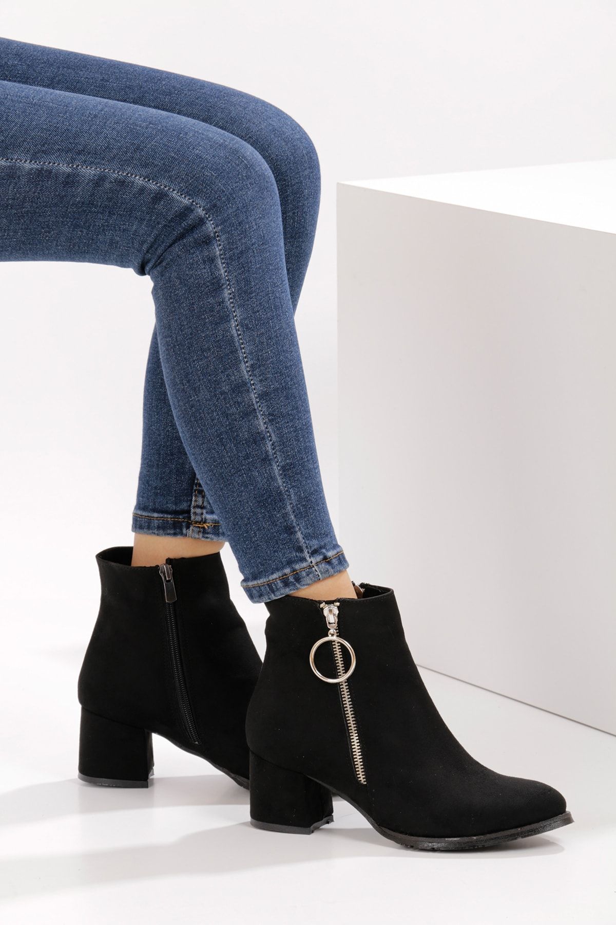 trendy pabuç Kadın Çift Fermuarlı Siyah Süet Bot & Bootie