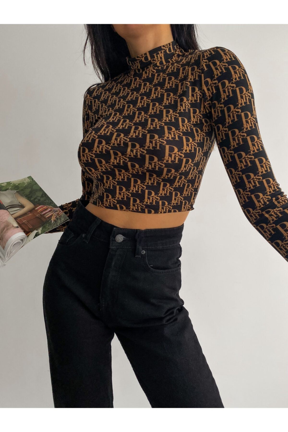 ladyzey Kadın Paris Yazılı Baskılı Balıkçı Yaka Crop Body