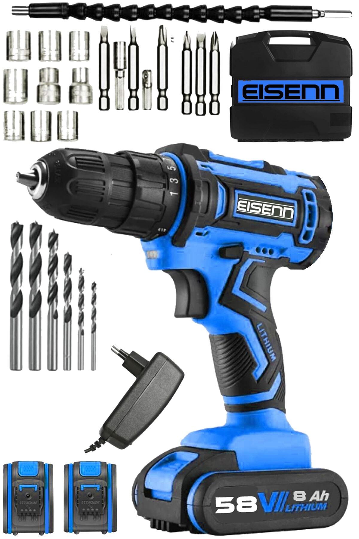Eisenn Germany Technology X-wıbratıon Metal Şanzıman 58 V 8 Ah Samsung Çift Akülü Vidalama Matkap + Set