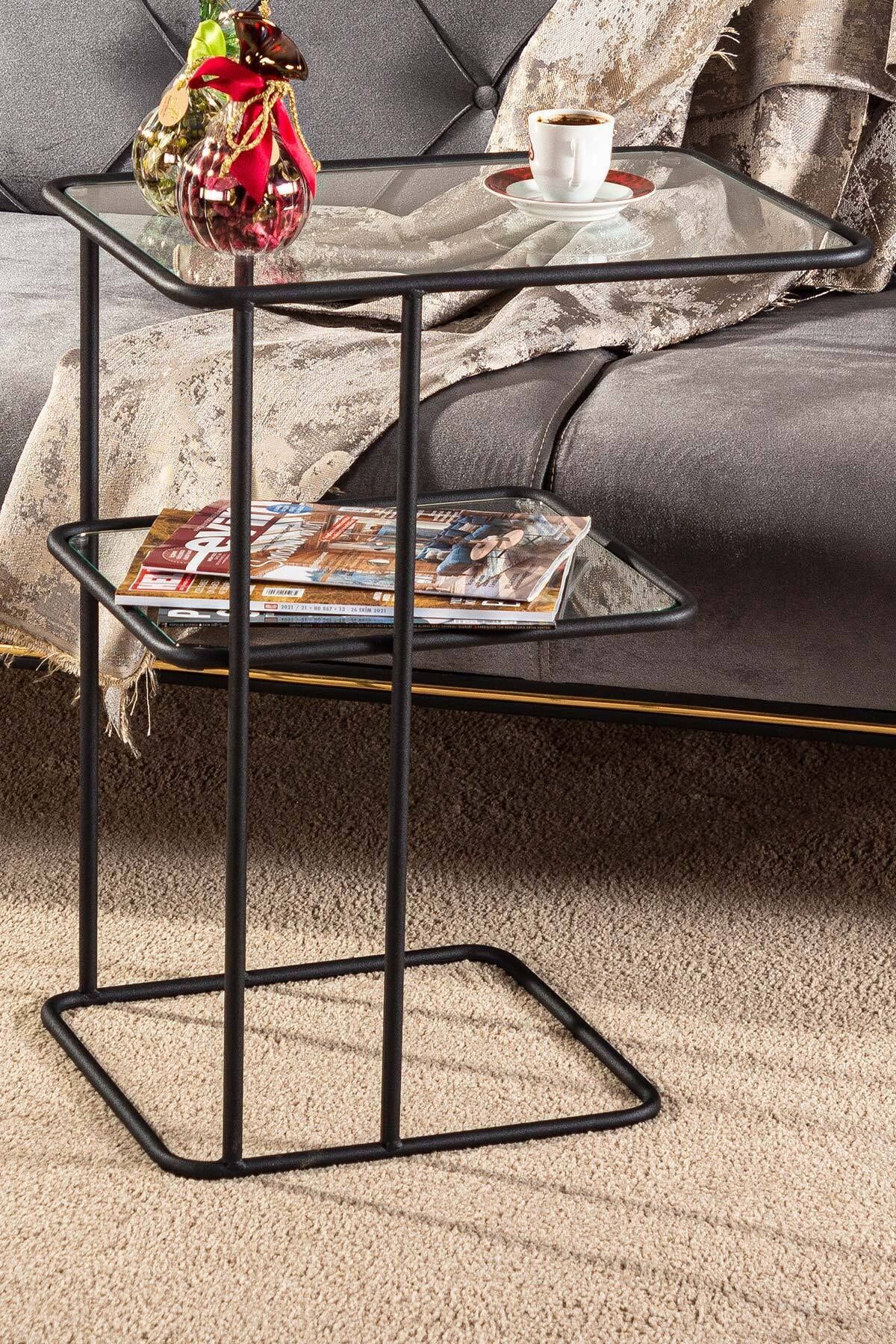 tino furniture Arturo Siyah Yan Sehpa Metal Cam Raflı Komodin