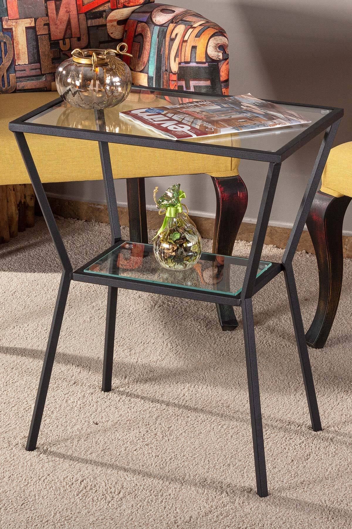 tino furniture Castella Siyah Metal Cam Raflı Modern Yan Sehpa Komodin