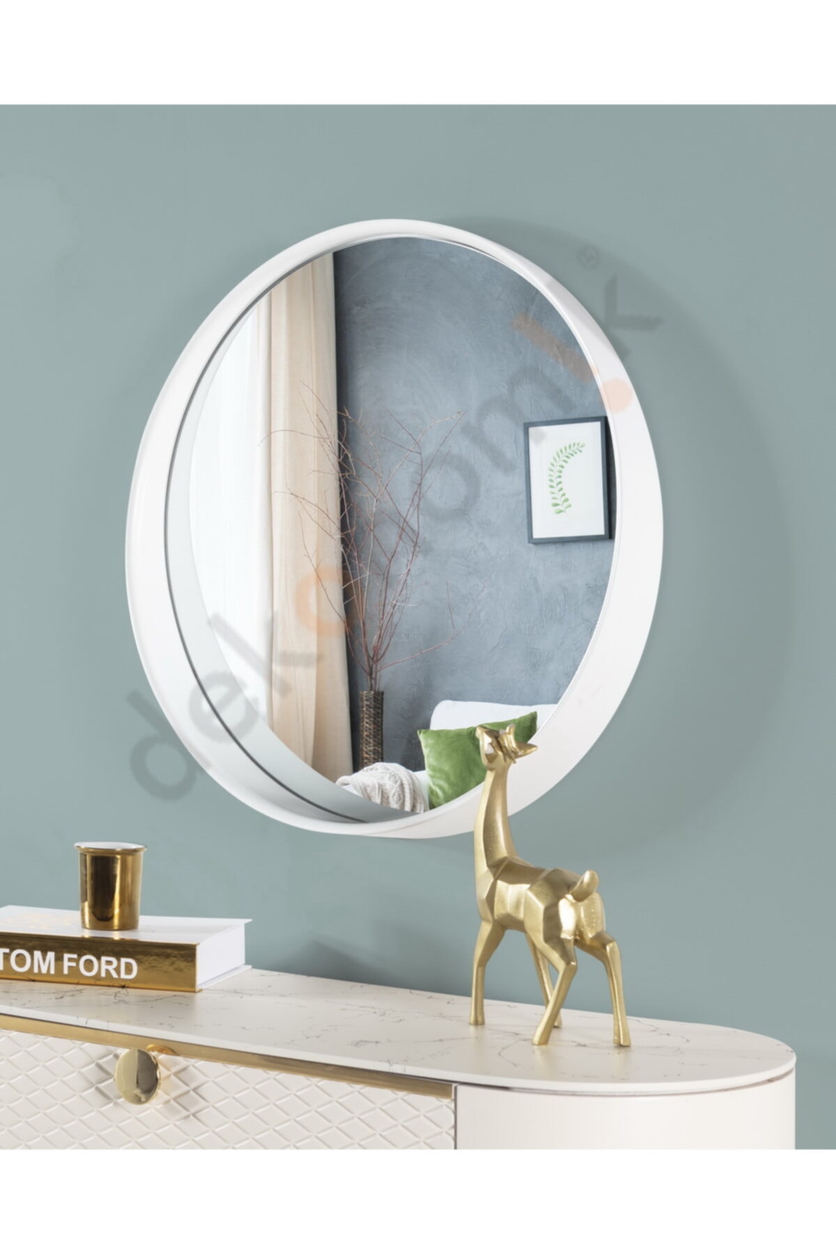 dekonomik Zecir Yuvarlak Beyaz Çerçeveli Mini Raflı Duvar Aynası 75cm