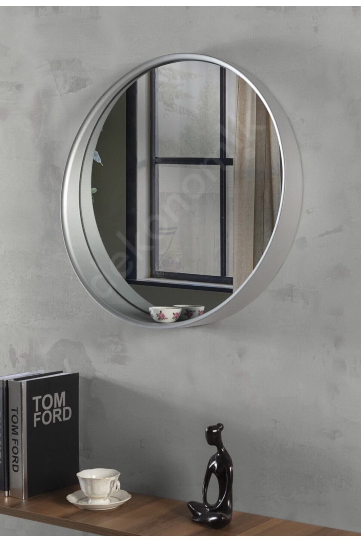 dekonomik Zecir Yuvarlak Gümüş Yaldız Çerçeveli Mini Raflı Duvar Aynası 75cm