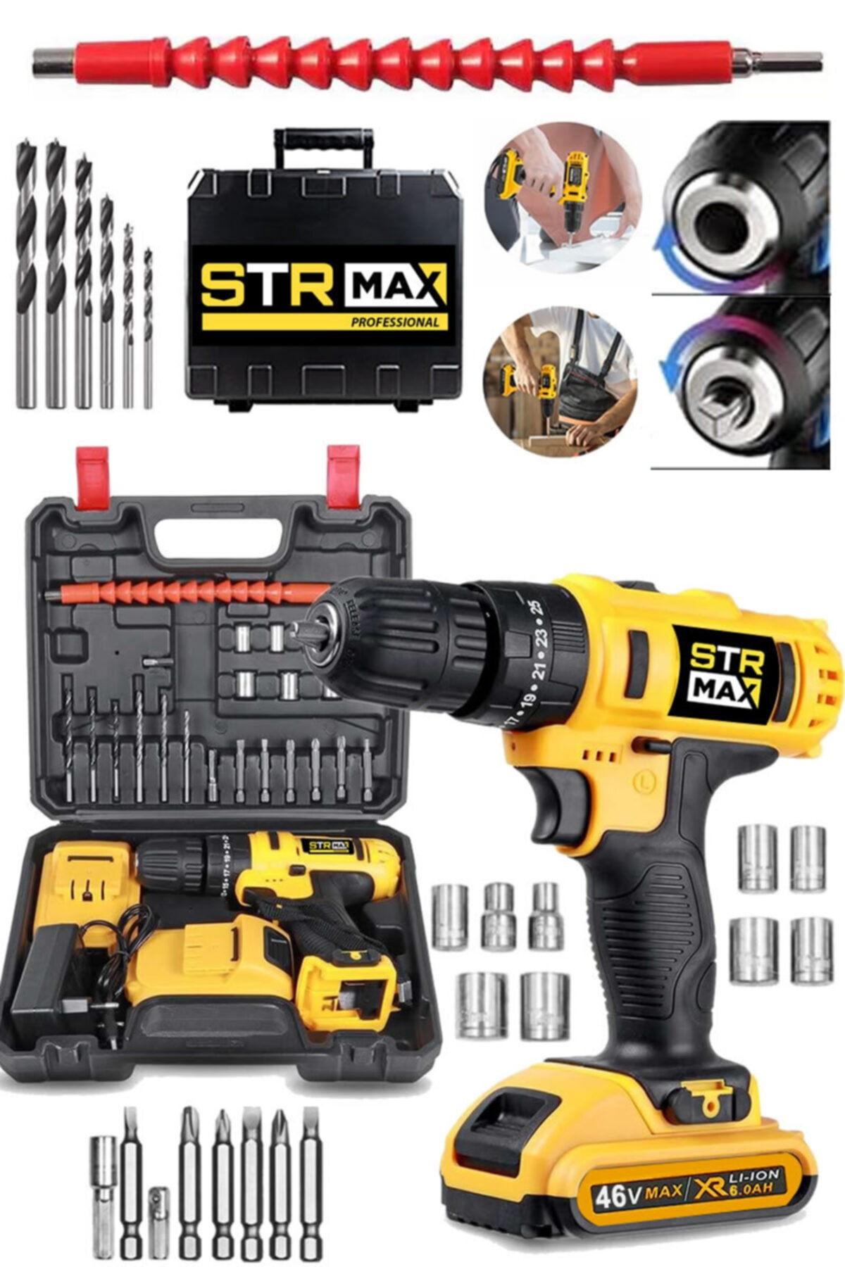 StrMax American 46v 5ah Workshop Metal Şanzuman Bakır Sargı Çift Akülü Şarjlı Vidalama Matkap 27 Parça Set