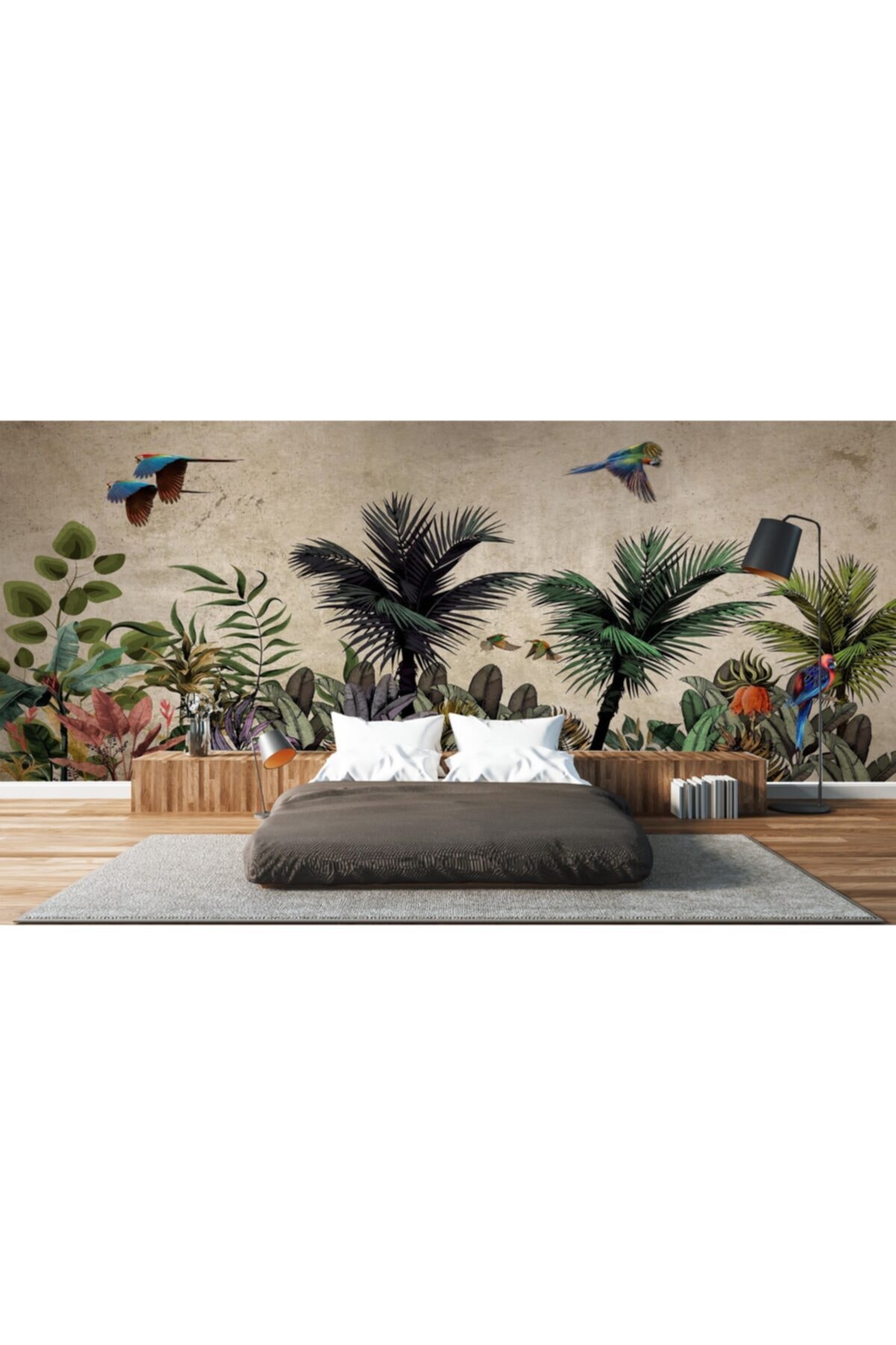 ARSLAN DEKOR Tropikal Ağaçlar Yapraklar Papağan Kuşları Desen Duvar Kağıdı