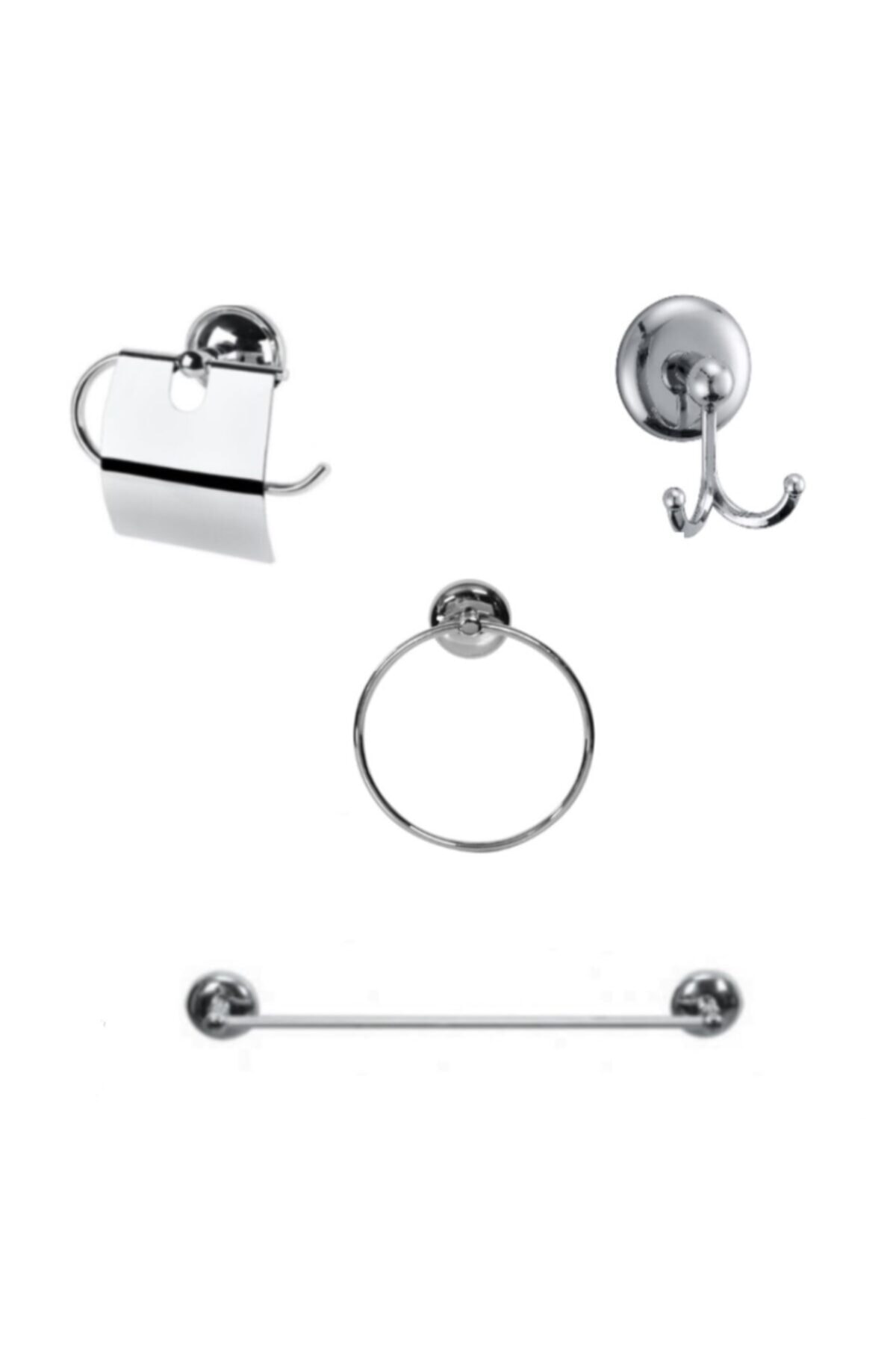 EMPA METAL 4parça Banyo Seti (KROM) Uzun Düz Havluluk Kapaklı Tuvalet Kağıtlığı Bornoz Askılığı Halka Havluluk