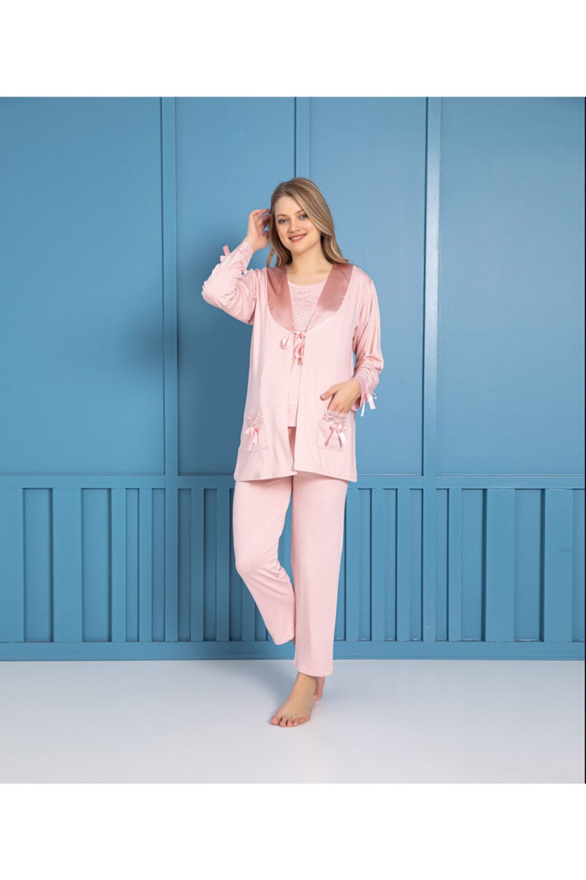 MİRELLA Kadın Hamile Lohusa Pudra Pembe Uzun Kollu Bambu Kumaş 3'lü Pijama Takımı Seti