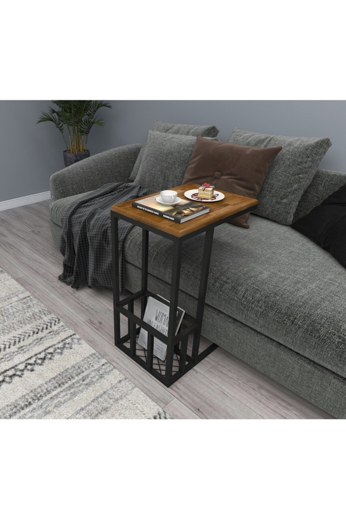WOODFACE Prag C Yan Sehpa 62x45 Doğal Ahşap Metal Ayaklı Alt Bölümlü Ceviz