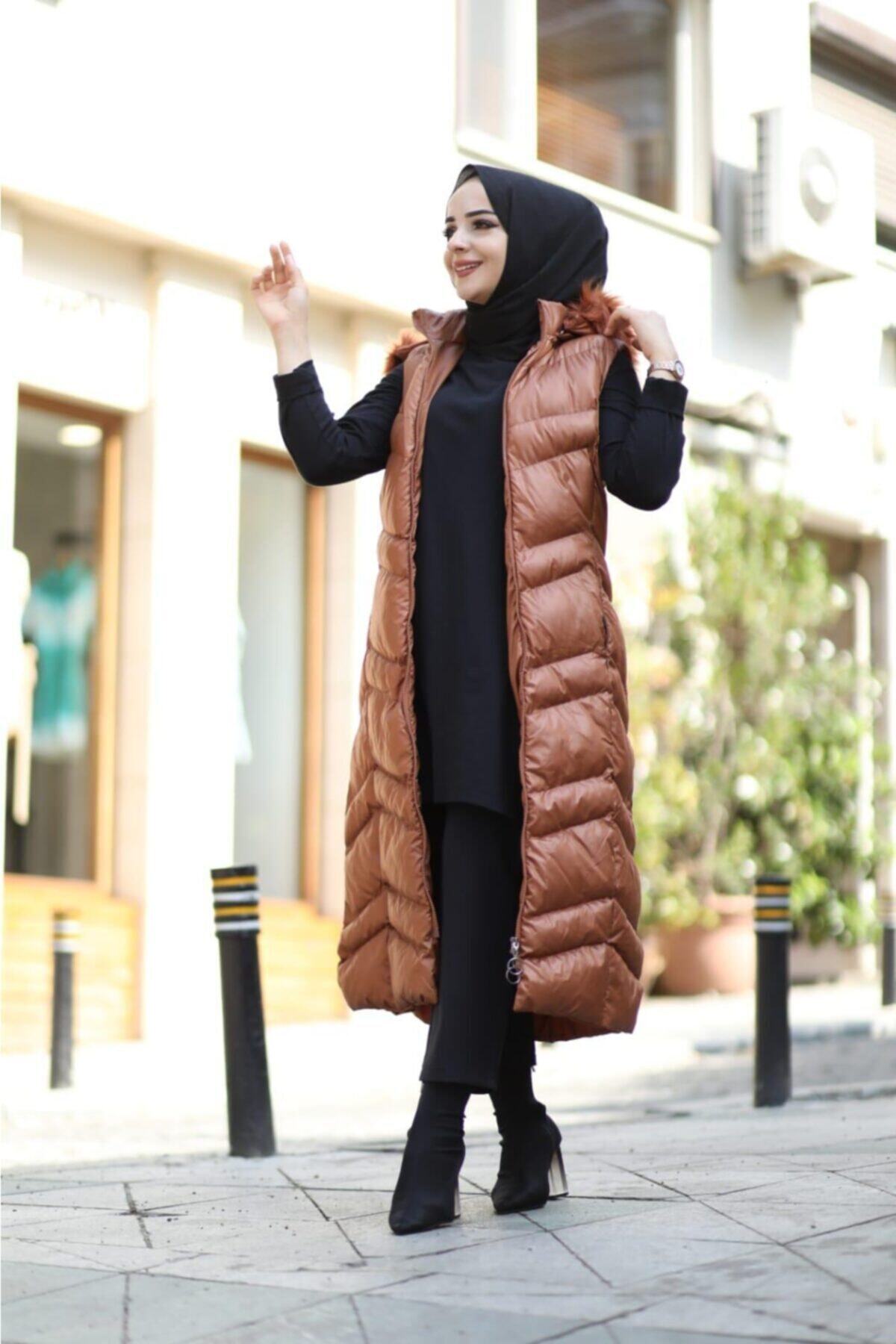 Moda Hayme Kadın  Uzun Şişme Yelek 120 cm Taba