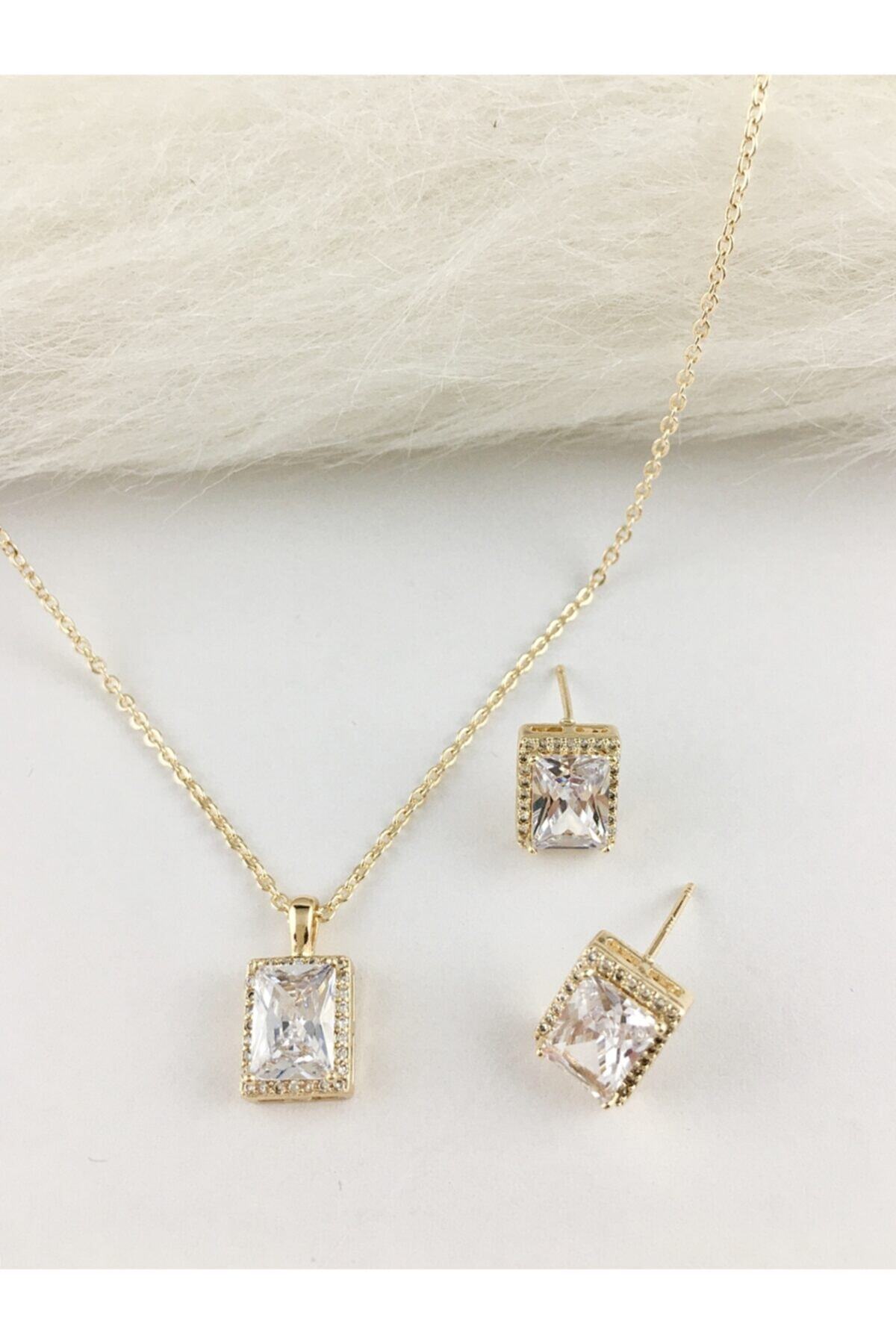 DS DİAMONDSHOP Kadın Kolye Küpe Zirkon Baget Taşlı Set 106