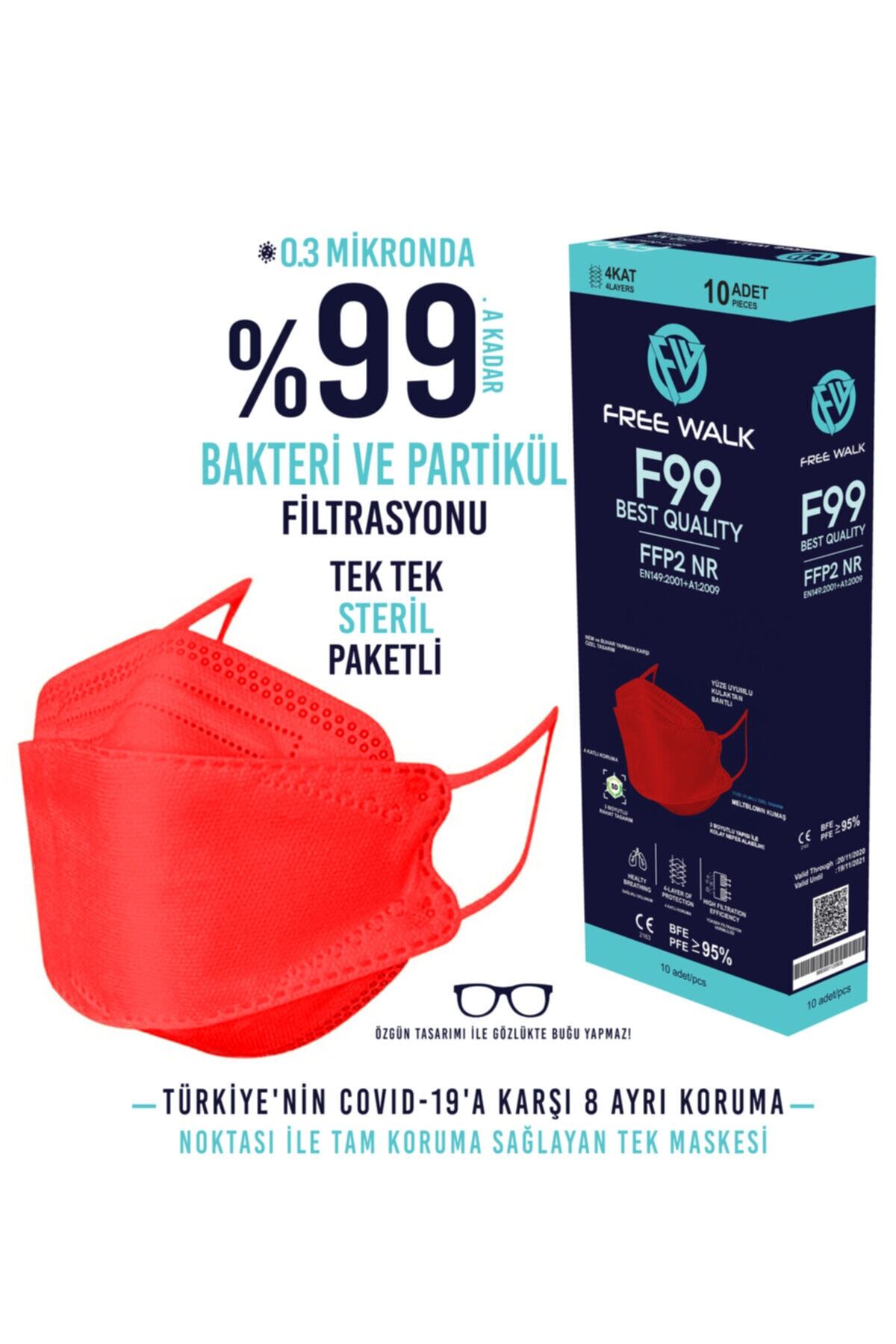 Free Walk Kore Tipi F99 Best Quality Kf94 Maske Kırmızı Mna Belgeli 10 Adet