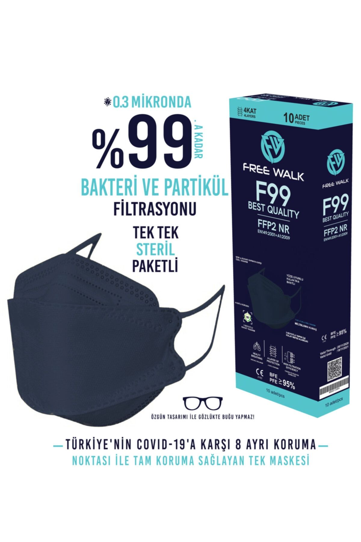 Free Walk Kore Tipi F99 Best Quality Kf94 Maske Lacivert Mna Belgeli 10 Adet