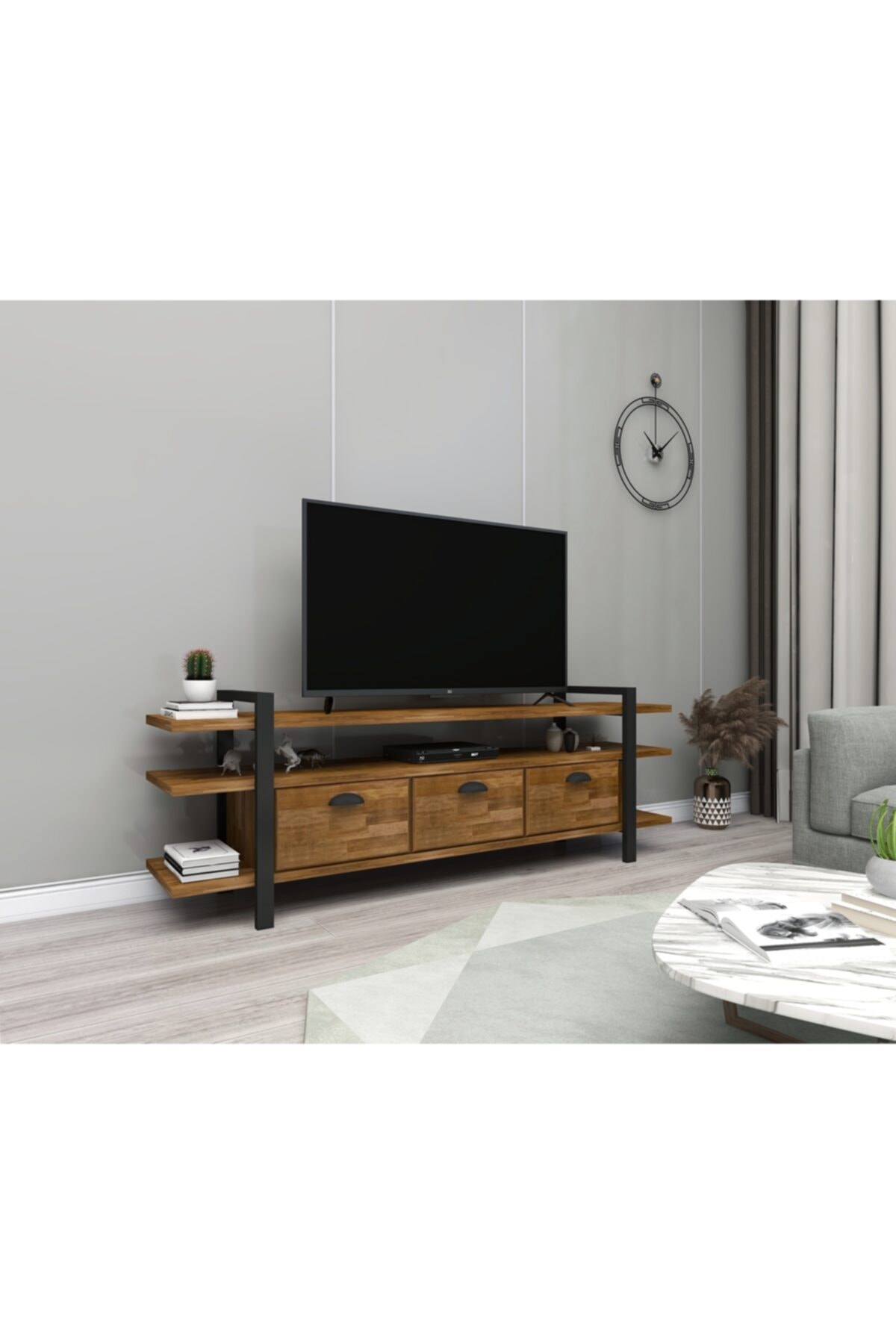 WOODFACE Lucca Ceviz Doğal Ahşap Televizyon Sehpası Ve Ünitesi 148x50 Masif Dekoratif Metal Ayaklı