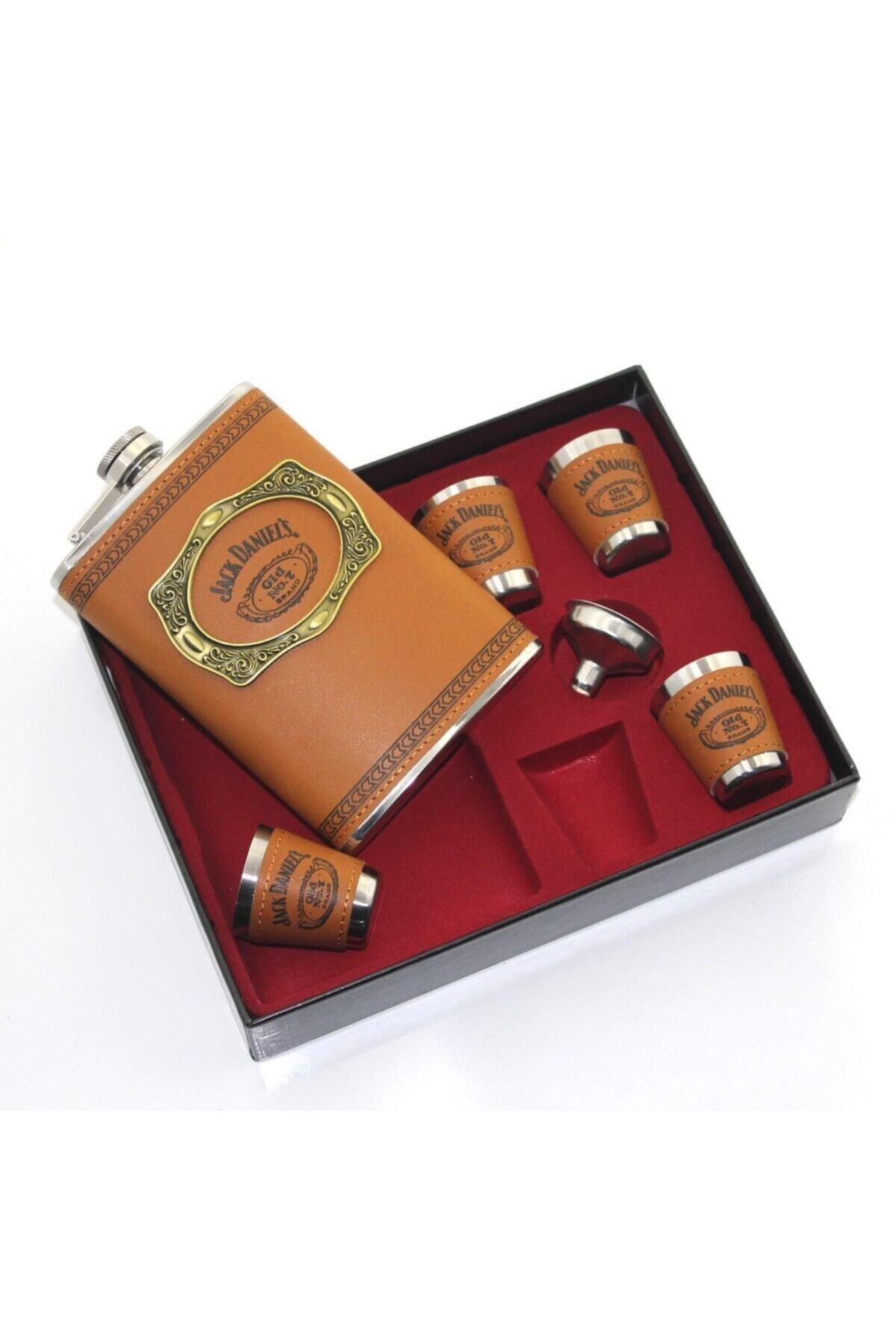 maazasenin Içki Viski Matara 4 Shot Bardaklı Derili 9 Oz 266 Ml Hediyelik