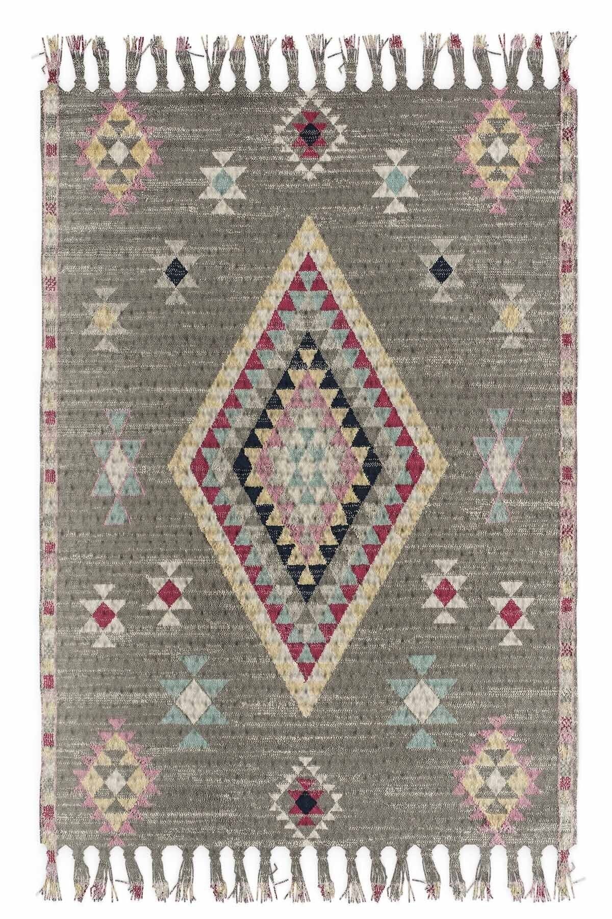 Osso Halı Osso Gri Pembe Etnik Vintage Kara Tezgah Iskandinav Desenli Yıkanabilir Saçaklı Kilim Tks-36