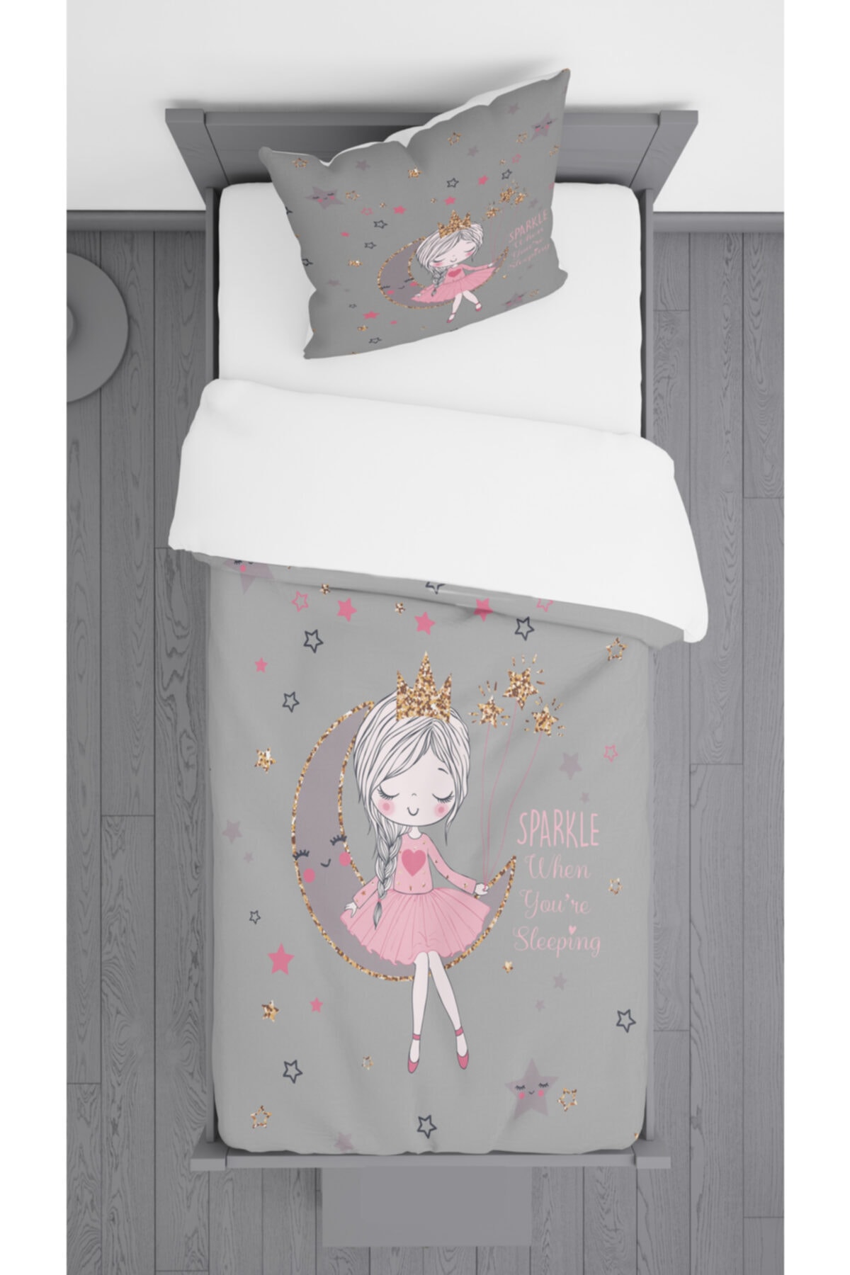 Ziu Kids Gri Zemin Prenses Kız Desenli Süet Dokulu Dekoratif Yatak Örtüsü Ve Yastık Kılıfı 140x220