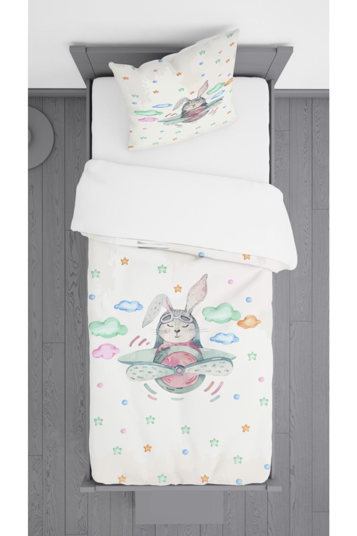 Ziu Kids Pilot Tavşan Desenli Süet Dokulu Dekoratif Yatak Örtüsü Ve Yastık Kılıfı 140x220