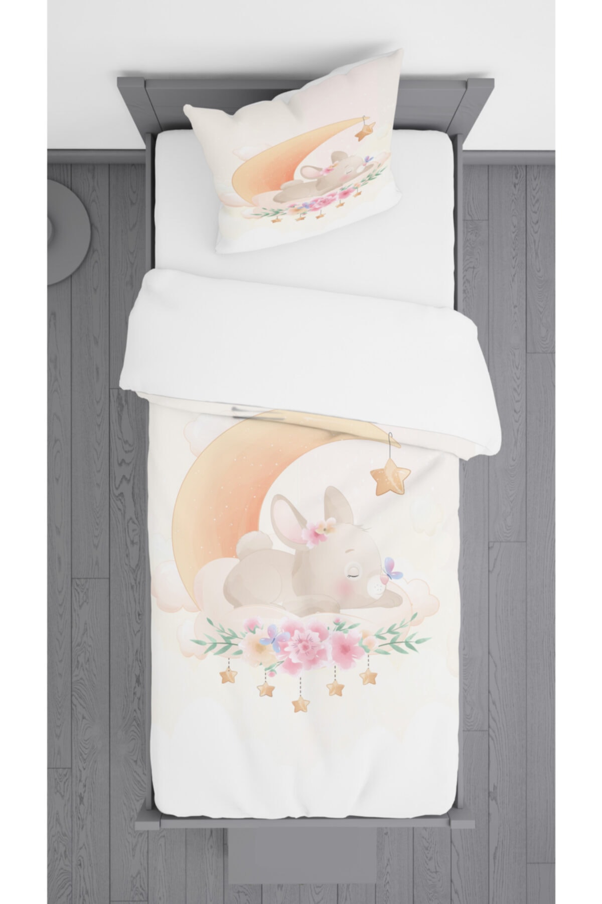 Ziu Kids Ayda Uyuyan Tavşan Desenli Süet Dokulu Dekoratif Yatak Örtüsü Ve Yastık Kılıfı 140x220