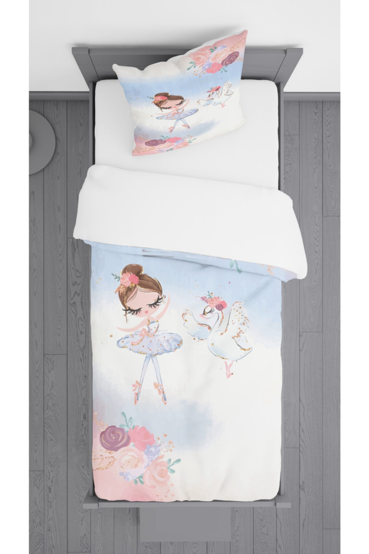 Ziu Kids Çiçekli Balerin Ve Kuğu Desenli Süet Dokulu Dekoratif Yatak Örtüsü Ve Yastık Kılıfı 140x220