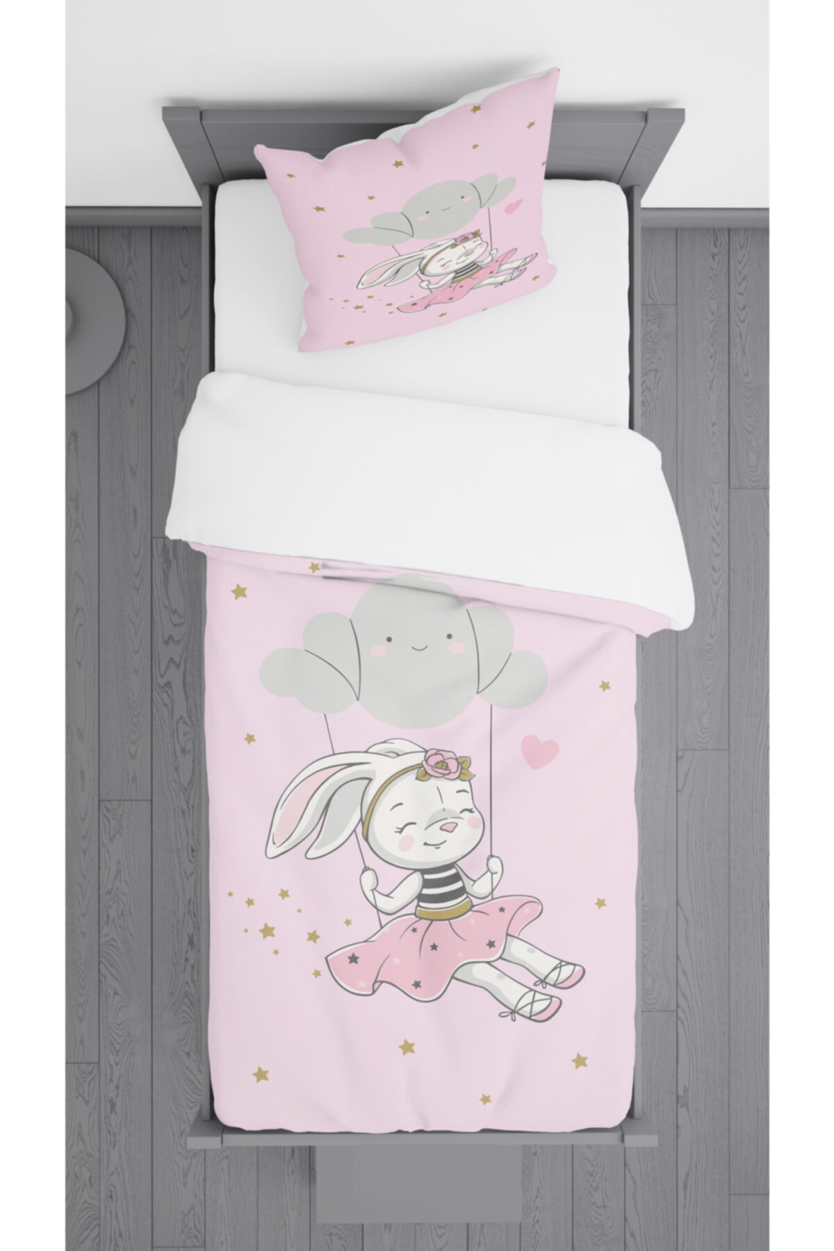 Ziu Kids Pembe Sevimli Tavşan Desenli Süet Dokulu Dekoratif Yatak Örtüsü Ve Yastık Kılıfı 140x220