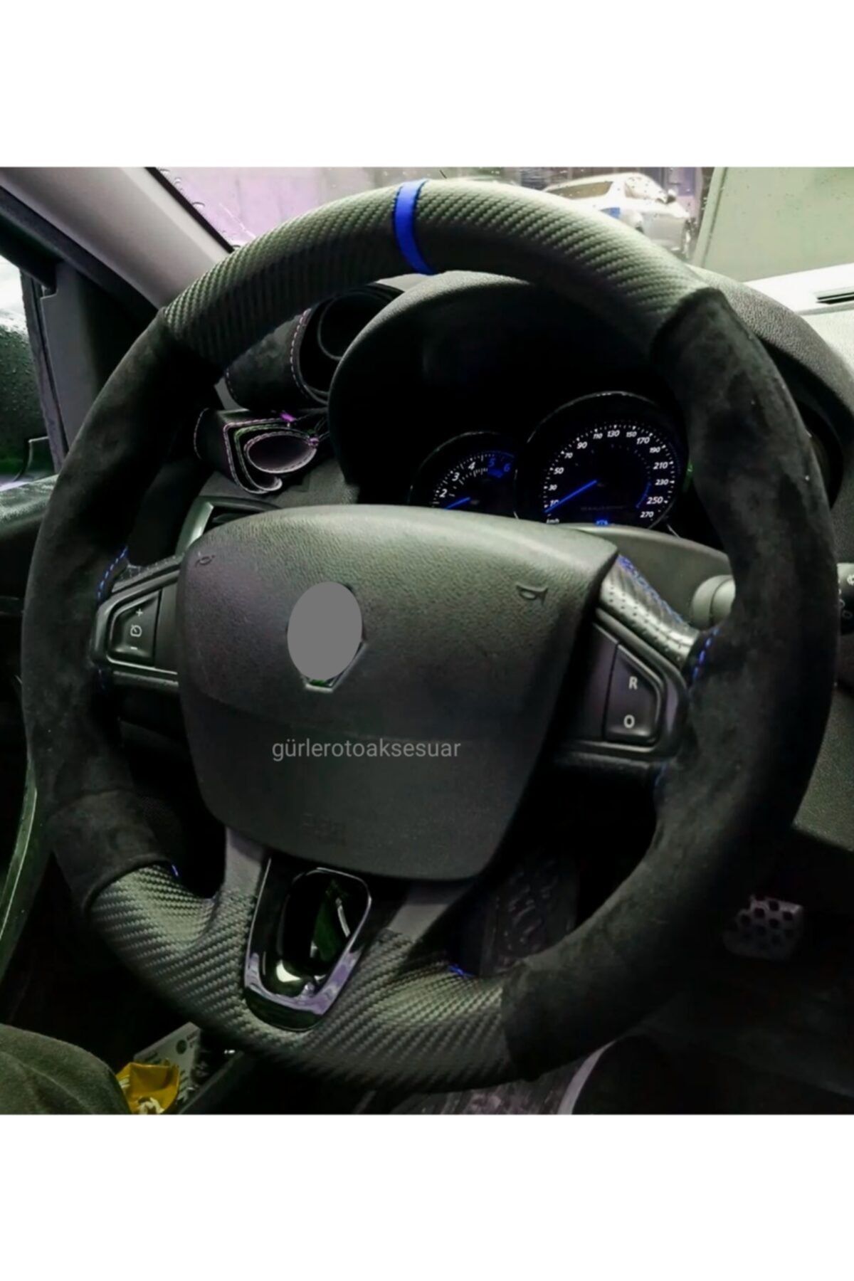 gürlerotoaksesuar Renault 19 Europa Alkantra Karbon Mavi Yüzüklü Deri Dikmeli Direksiyon Kılıfı