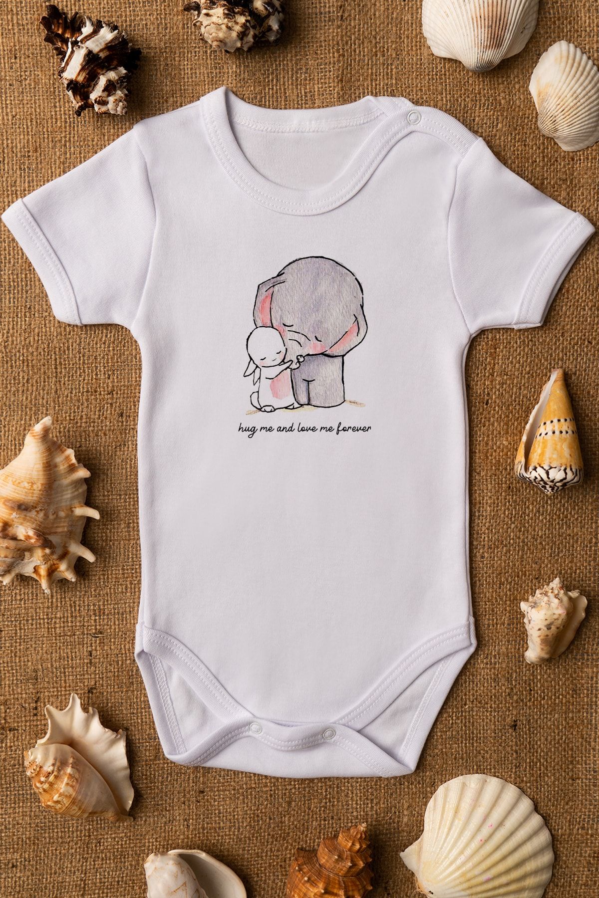 Overoz Hug Me And Love Me Forever Fil Ve Tavşan Organik Baskılı %100 Pamuklu Beyaz Çıtçıtlı Body Zıbın 5103