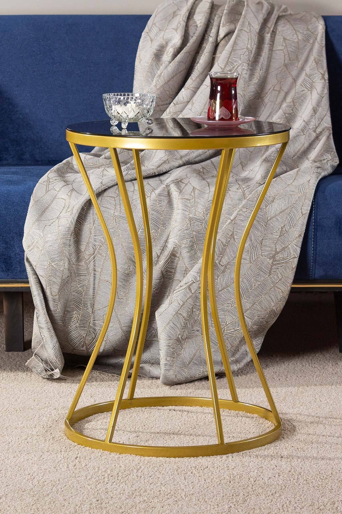 tino furniture Zodiac Kum Saati Gold Metal Yuvarlak Yan Sehpa Desenli Siyah Camlı