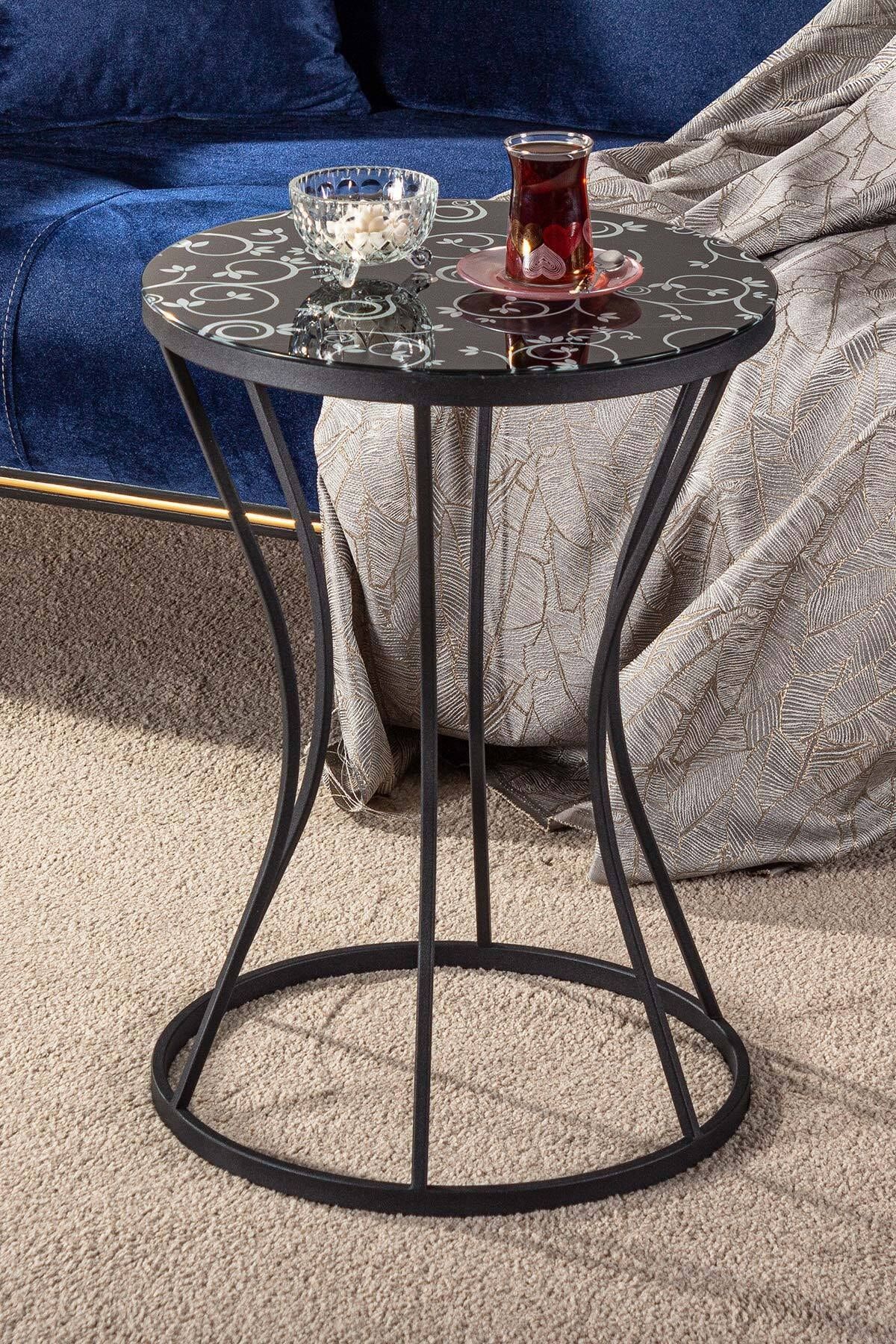 tino furniture Zodiac Kum Saati Siyah Metal Yuvarlak Yan Sehpa Desenli Siyah Camlı