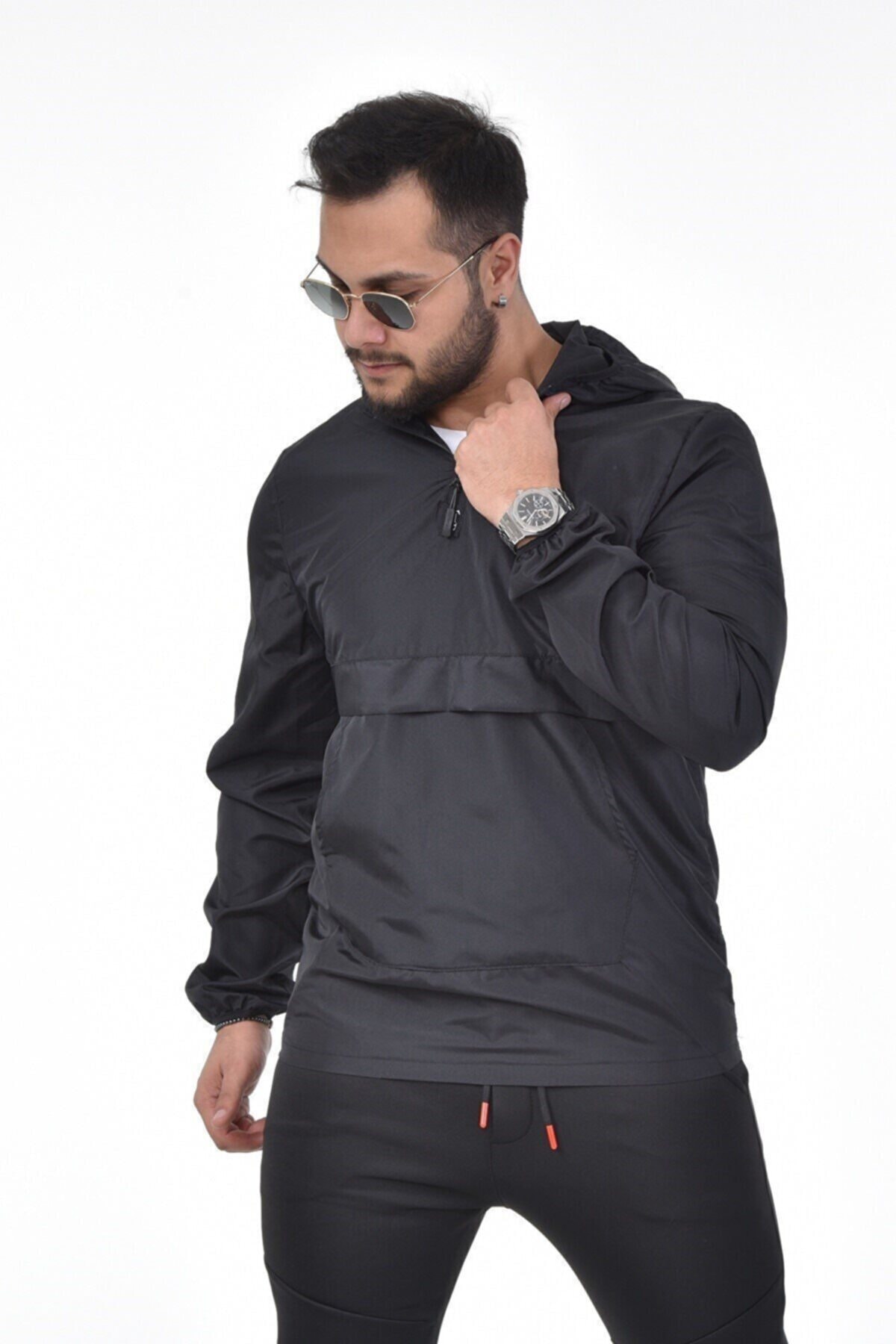 Hec Erkek Siyah Rüzgar ve Su Dayanıklı Su Geçirmez Kanguru Cep Yağmurluk