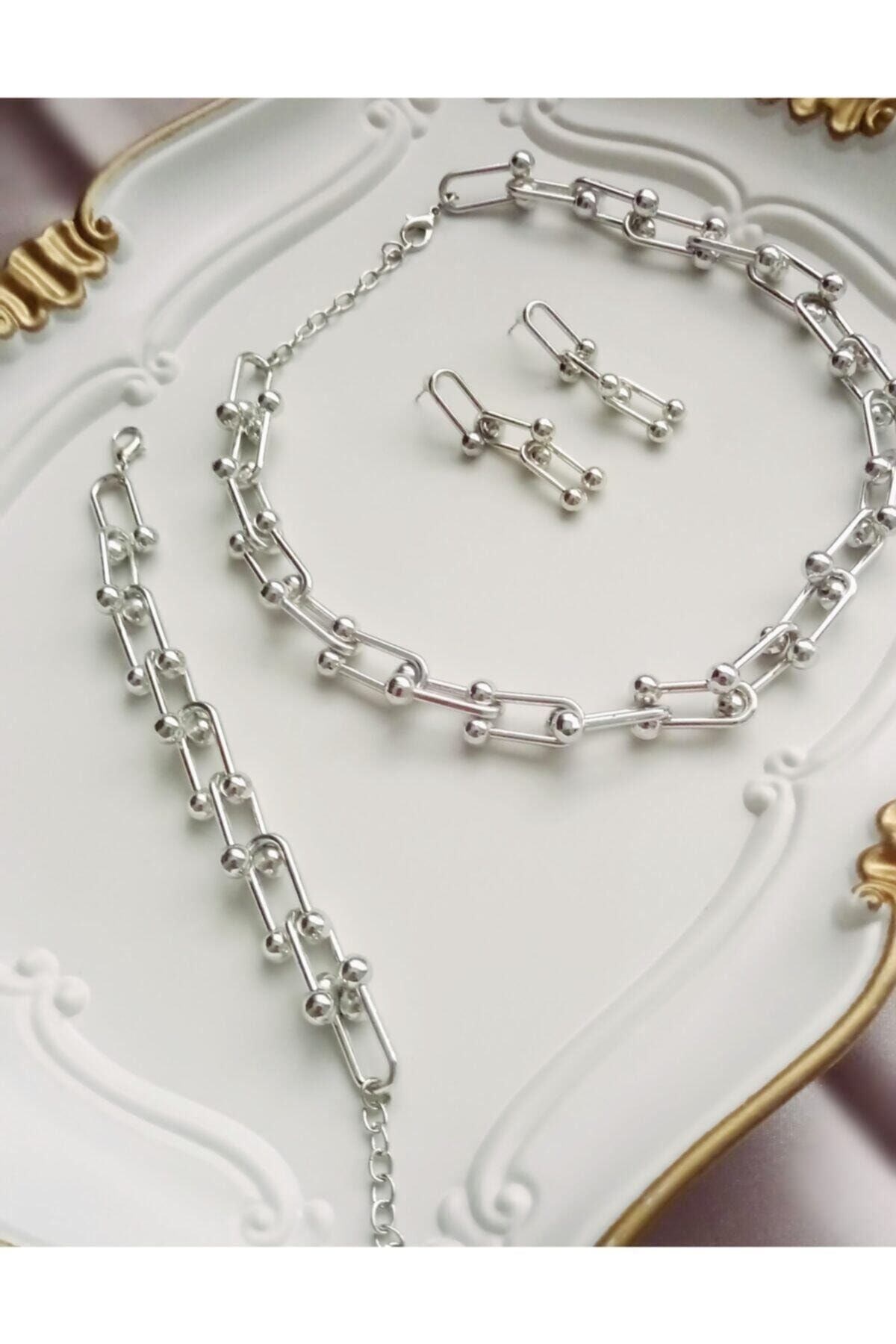 BERS AKSESUAR Kadın Gümüş Tiffany Kolye Bileklik Küpe Set
